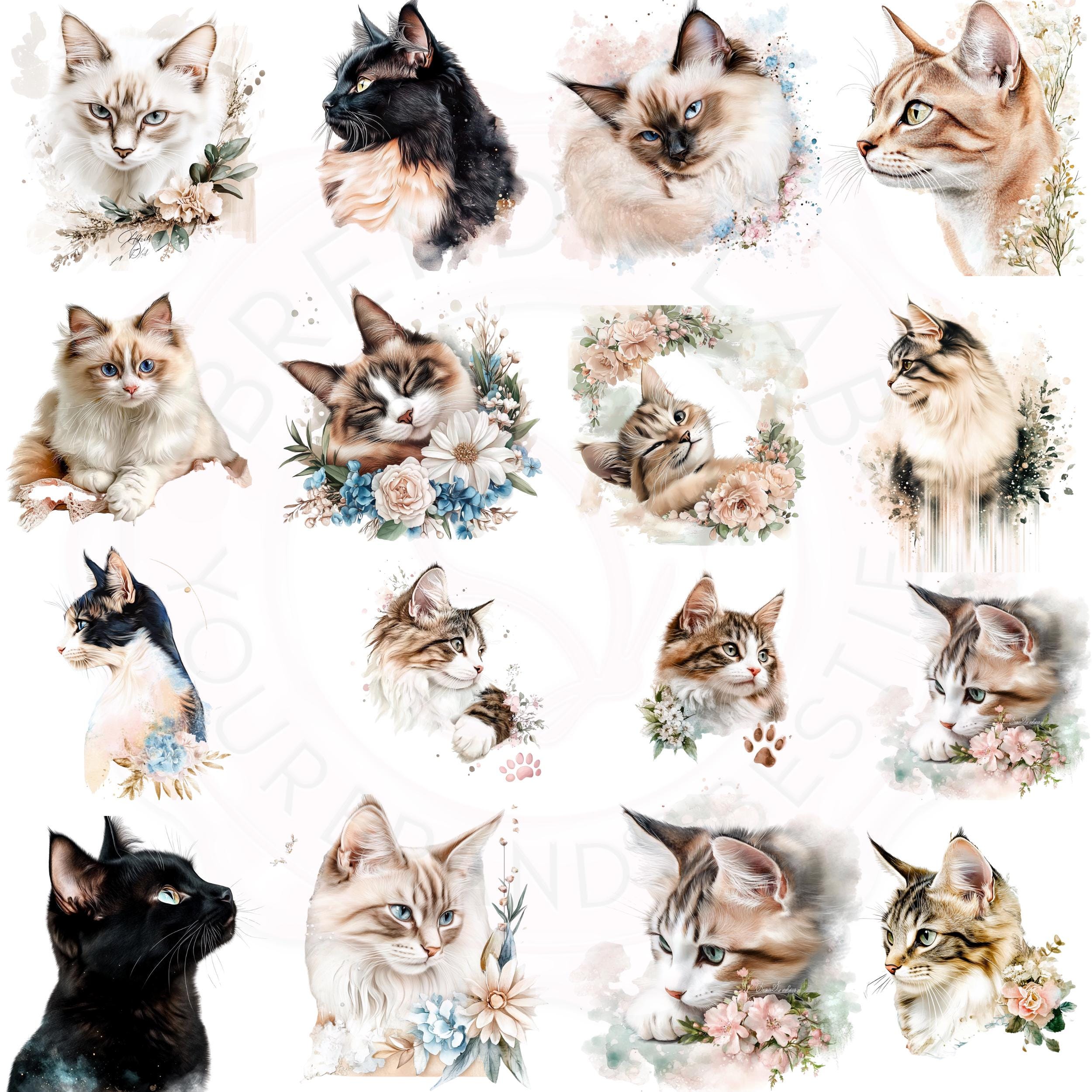 Watercolor Cat Clipart Bundle: Realistic Pet Portraits