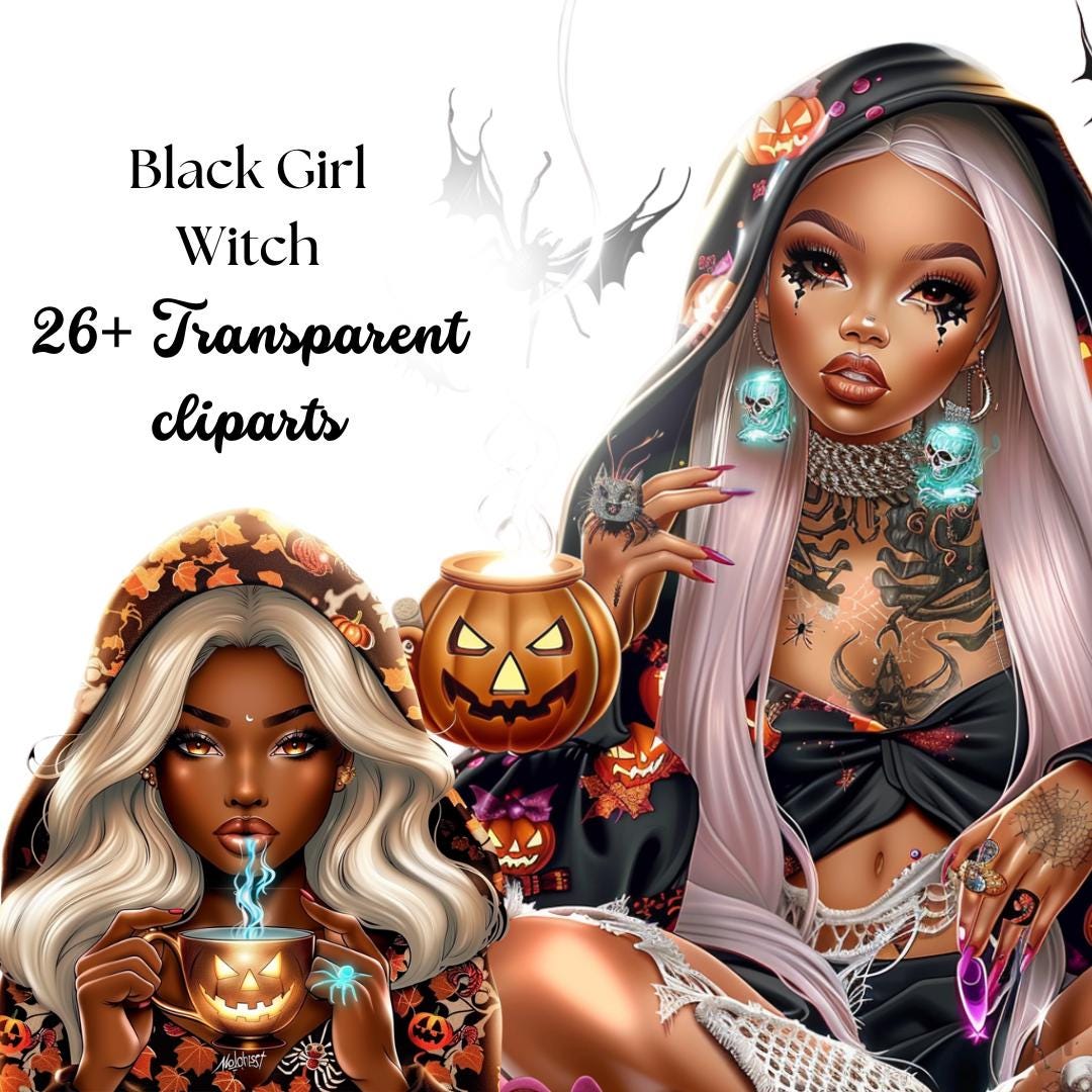Black Girl Witch Clipart: Luxe Halloween PNG Bundle