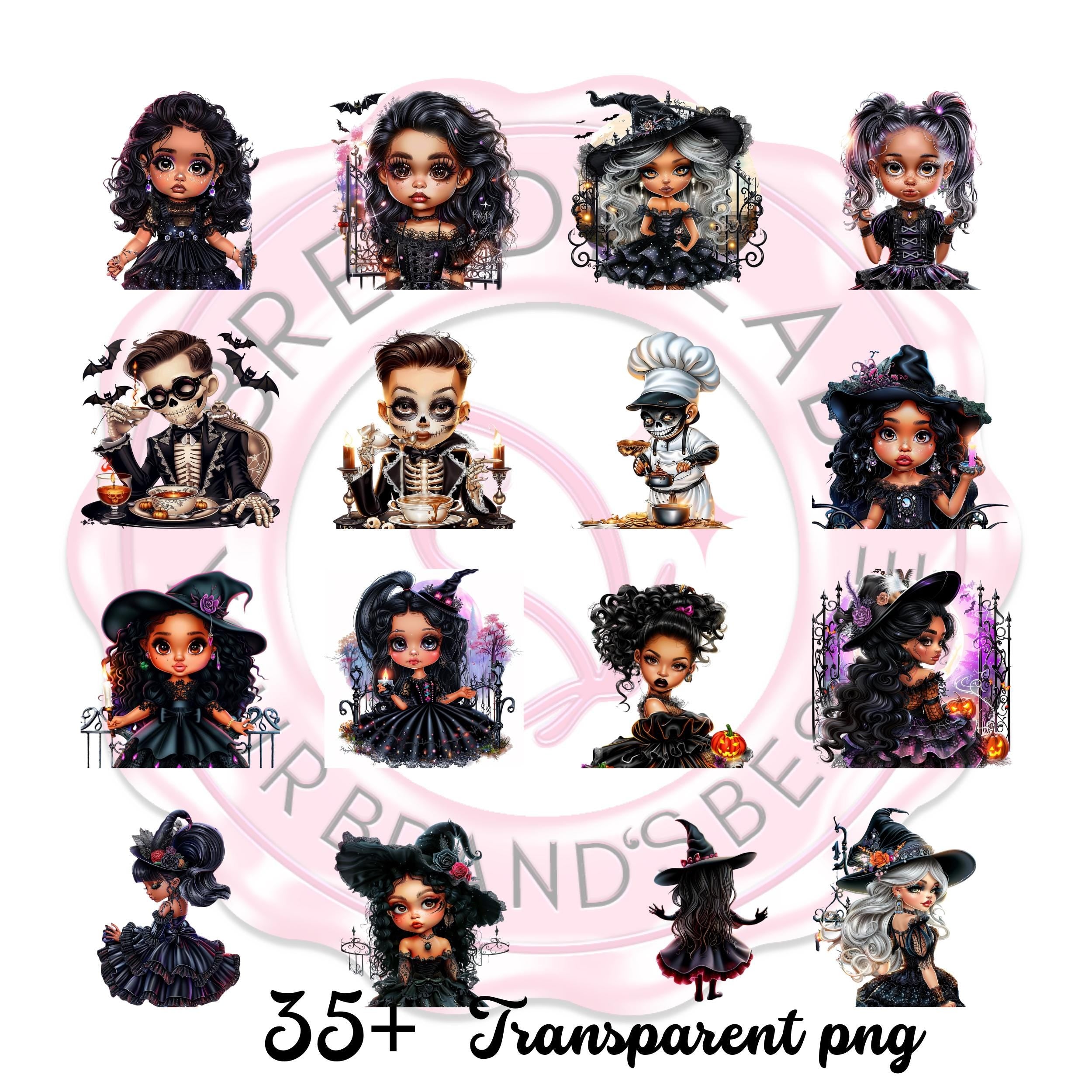 Chibi Halloween Clipart Bundle , 25 + Cute Witch & Gothic Characters for Sublimation, Crafts, Stickers, Cards, Scrapbooking , journaling