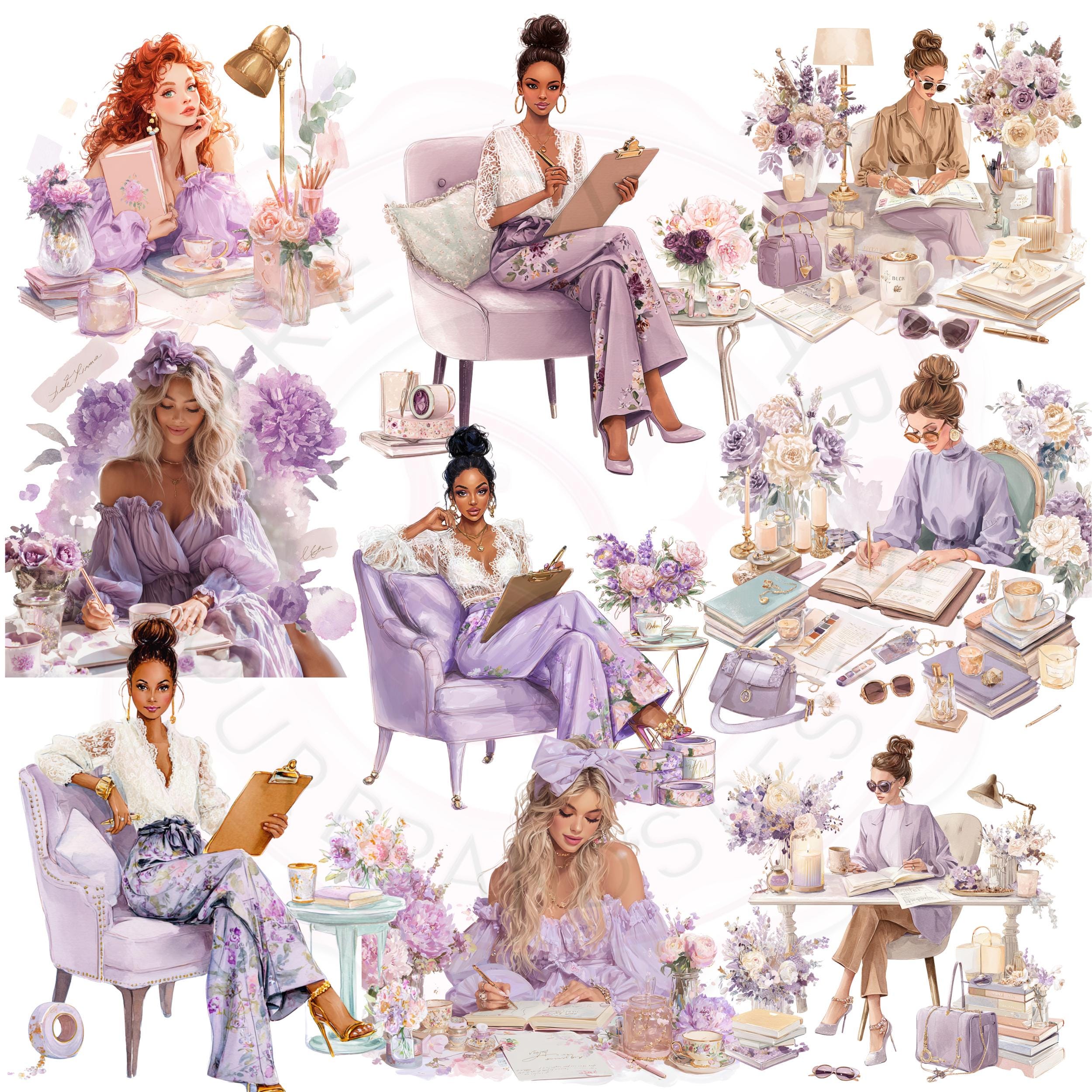 Lilac Watercolor Clipart Bundle: Cozy Lifestyle PNG Images