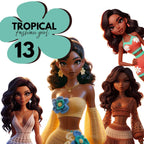 Crochet Fashion Girl Clipart Bundle: 3D Cartoon PNGs, Tropical Beach
