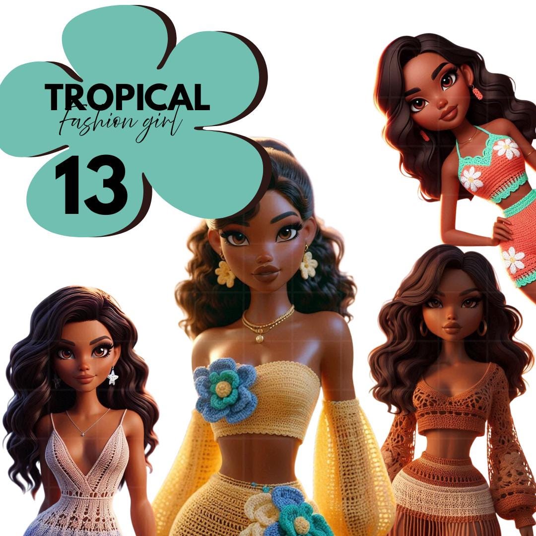 Crochet Fashion Girl Clipart Bundle: 3D Cartoon PNGs, Tropical Beach