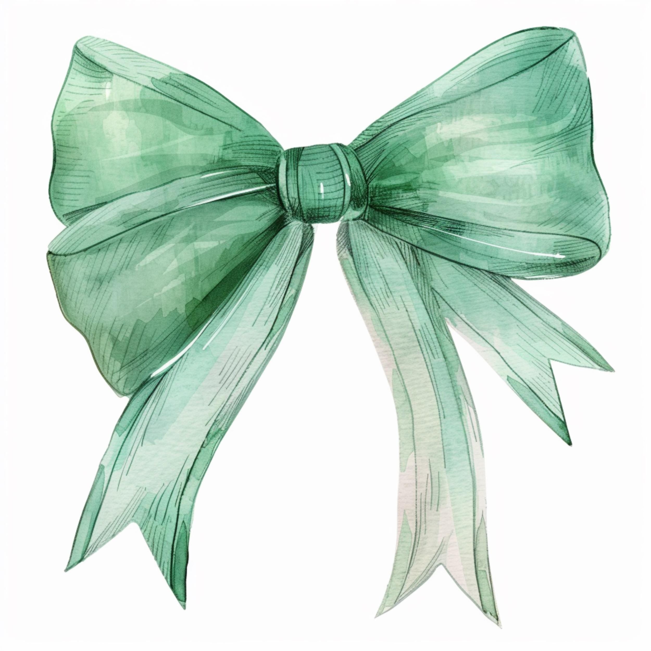 Watercolor Green Bow Clipart Bundle: Satin Ribbon PNG Graphics