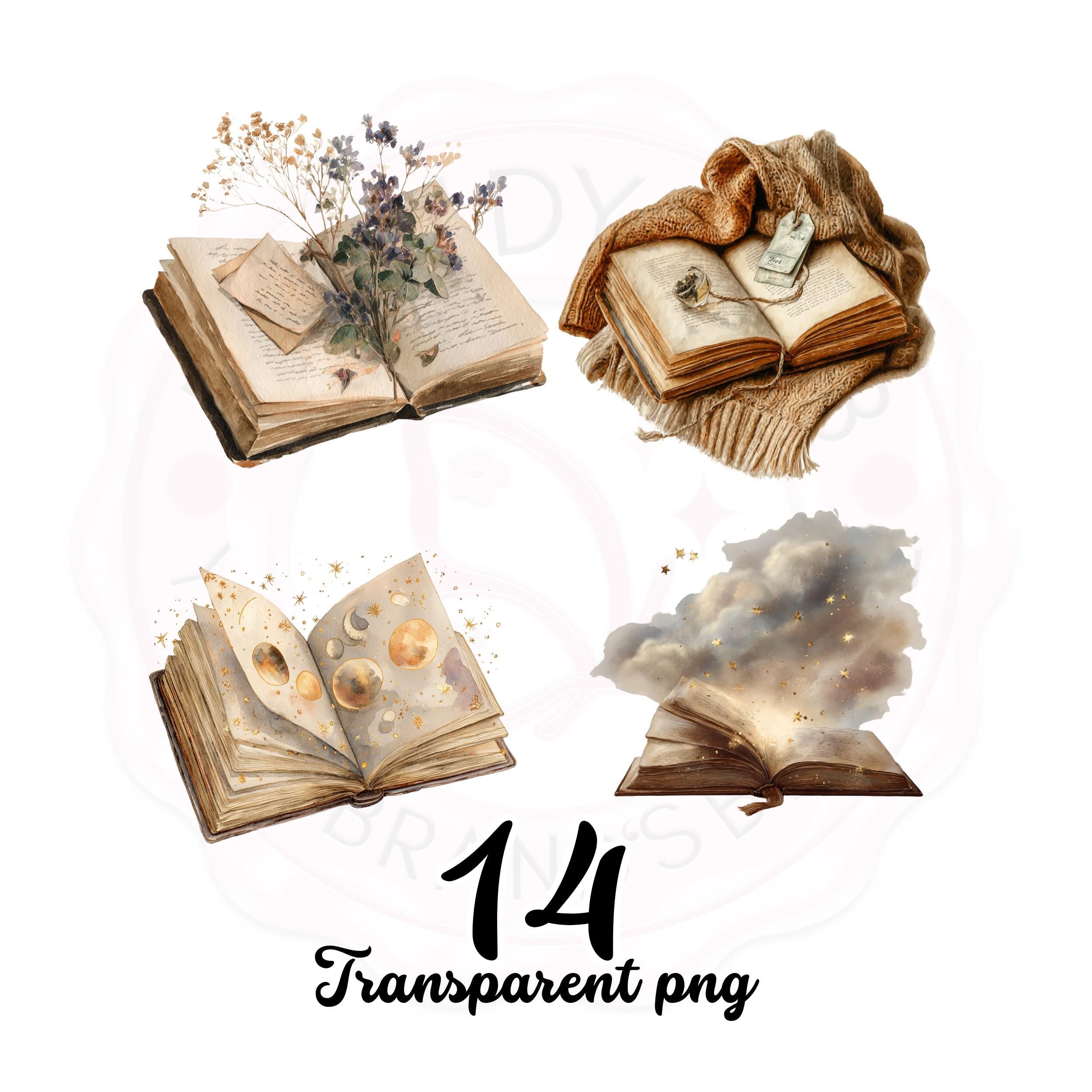 Watercolor Fantasy Book Clipart Set: Enchanted Vintage Style
