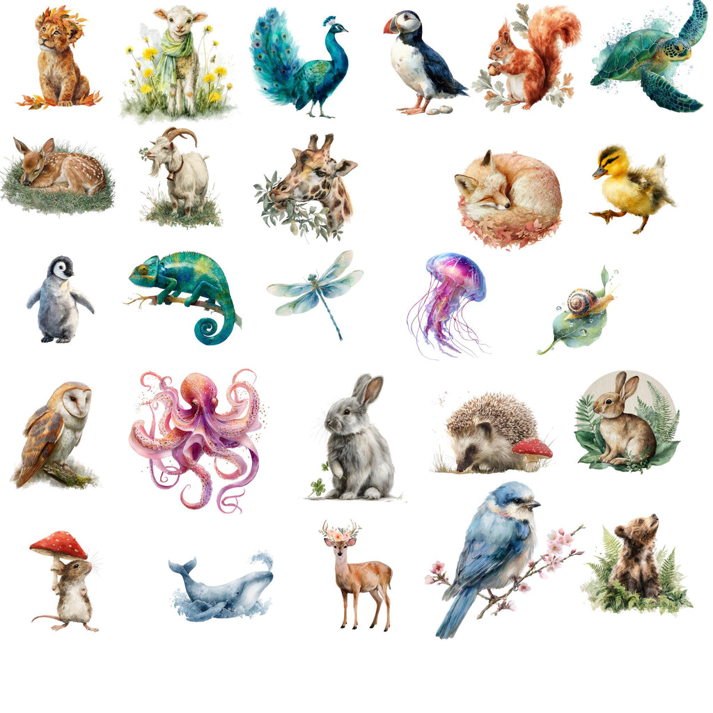 Watercolor Woodland & Sea Animal Clipart: 31 PNG Nursery Art Bundle