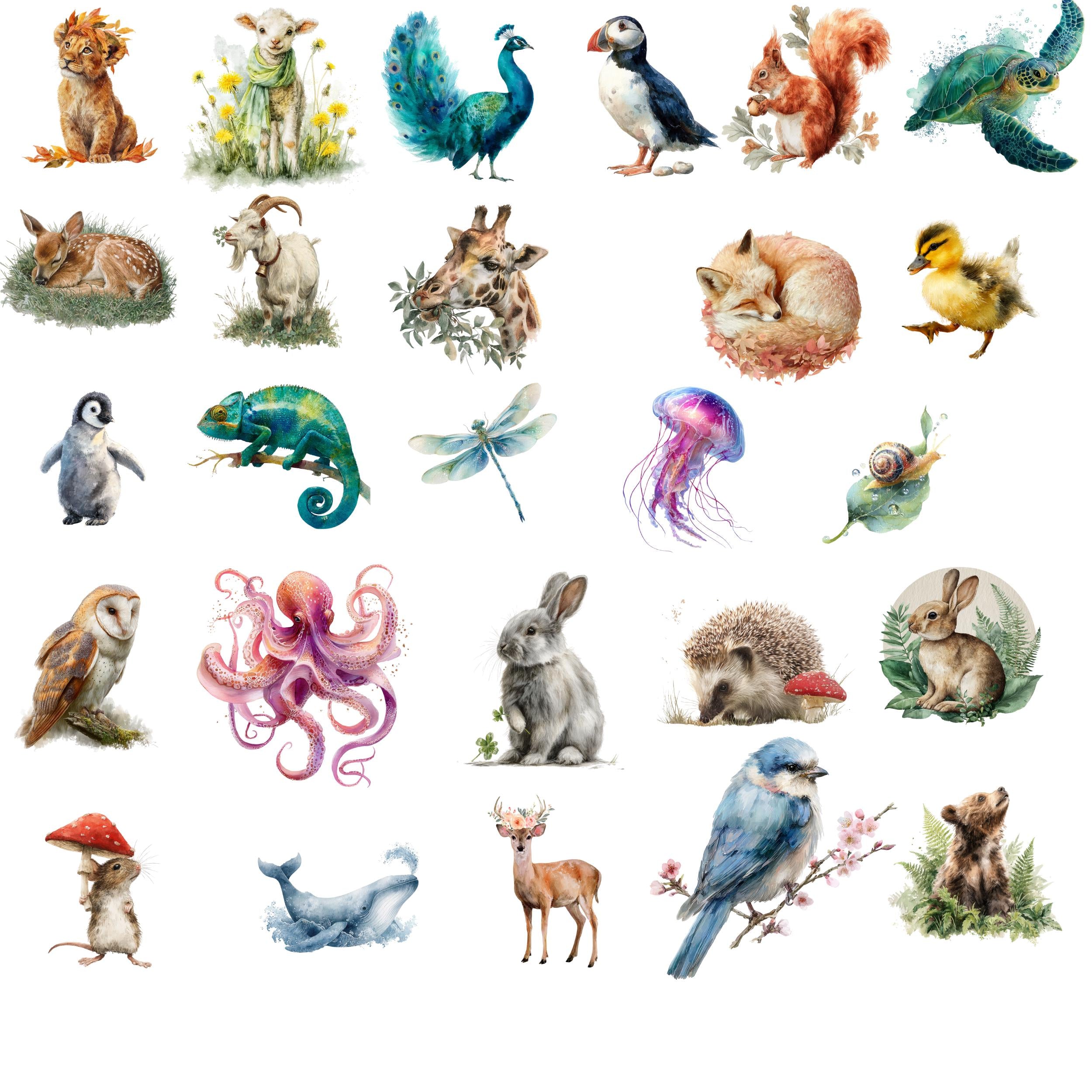 Watercolor Woodland & Sea Animal Clipart: 31 PNG Nursery Art Bundle
