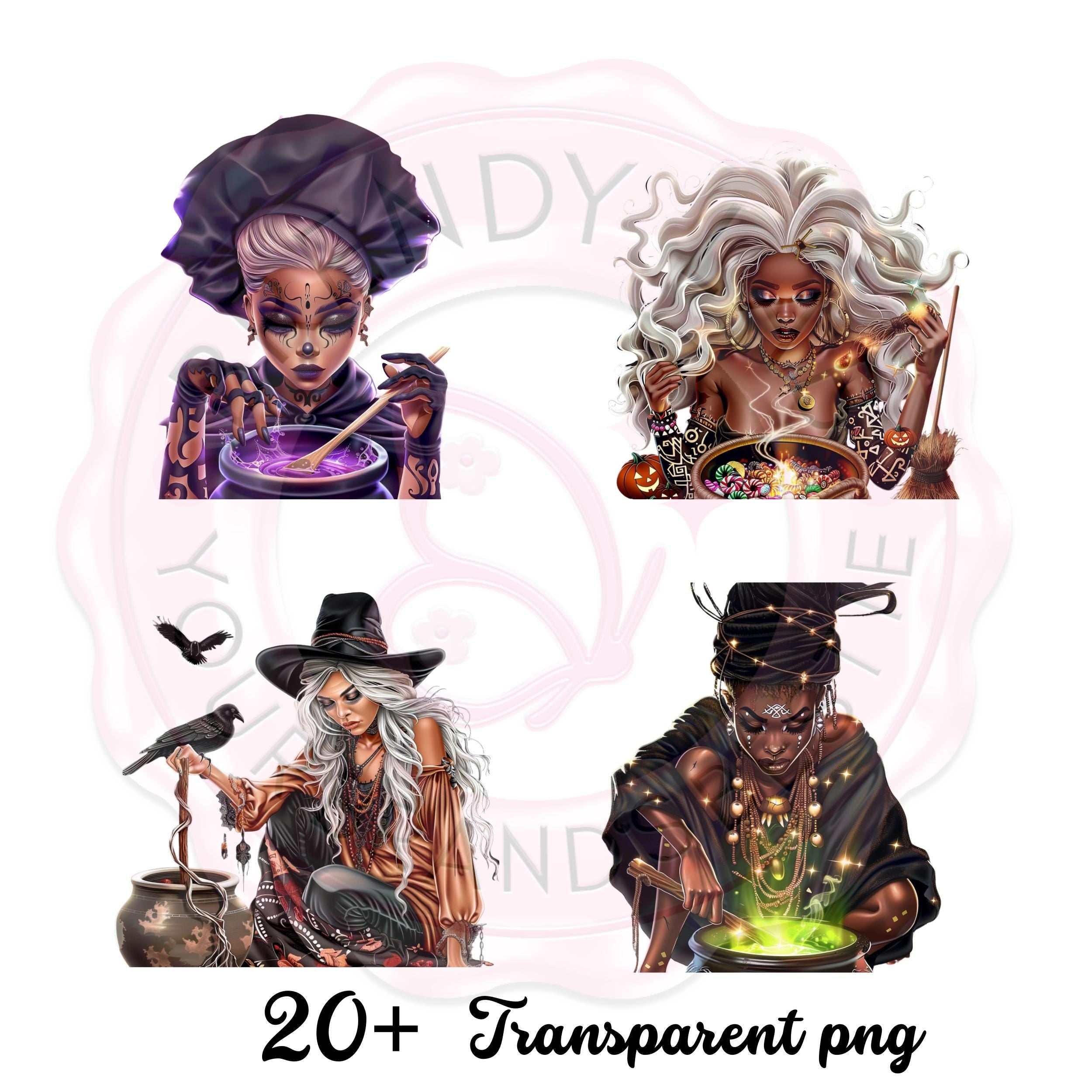 Witch Clipart Bundle: Black Witches Casting Spells - PNGs