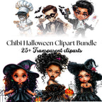 Chibi Halloween Clipart Bundle , 25 + Cute Witch & Gothic Characters for Sublimation, Crafts, Stickers, Cards, Scrapbooking , journaling