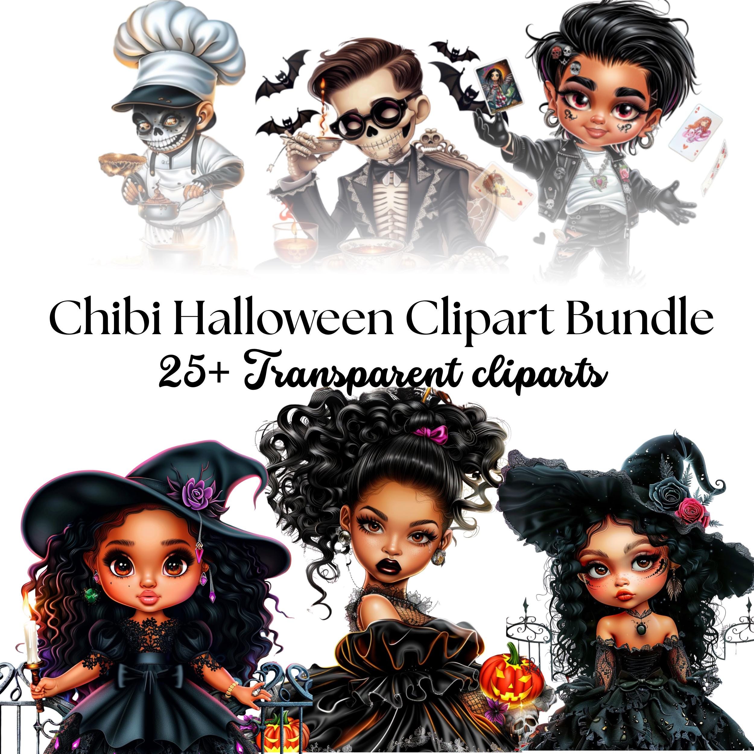 Chibi Halloween Clipart Bundle , 25 + Cute Witch & Gothic Characters for Sublimation, Crafts, Stickers, Cards, Scrapbooking , journaling
