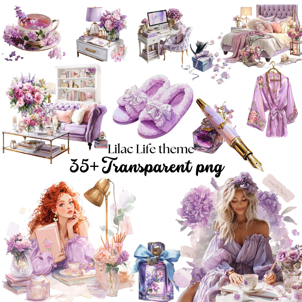 Lilac Watercolor Clipart Bundle: Cozy Lifestyle PNG Images