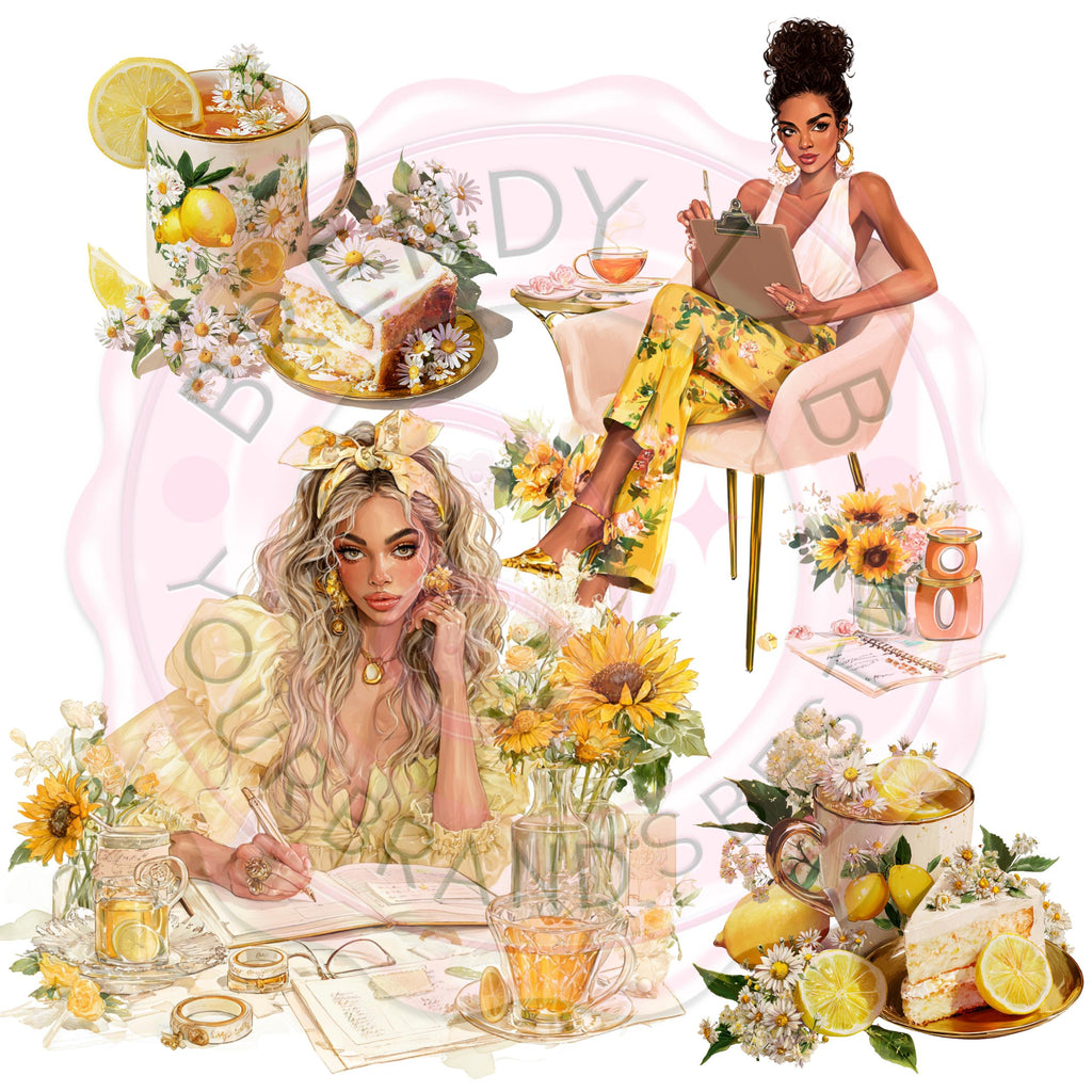 Yellow Watercolor Clipart Bundle: Sunflowers, Tea, Cozy Desk