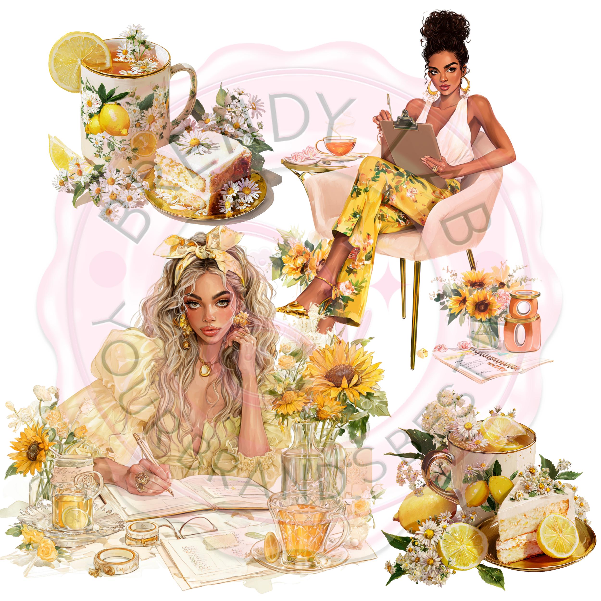 Yellow Watercolor Clipart Bundle: Sunflowers, Tea, Cozy Desk