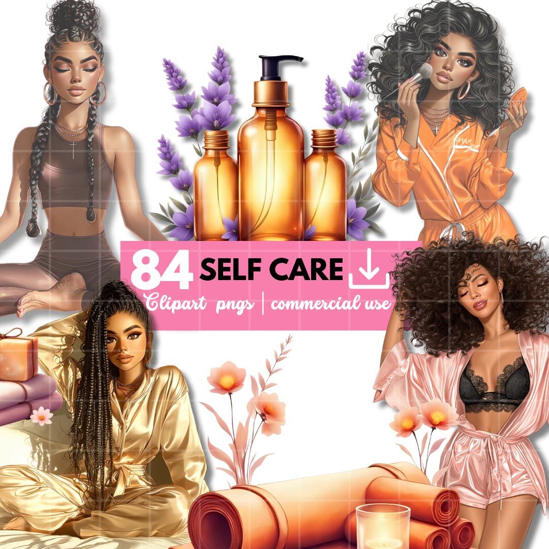 Black Women Selfcare Clipart PNG Bundle: Glam Goddess Illustrations