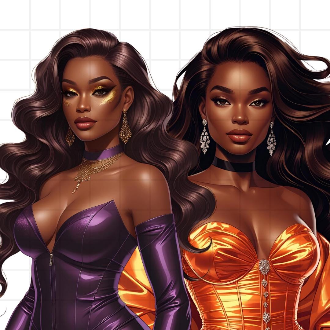 Glam Black Women Clipart Bundle: Afrocentric Fashion PNGs