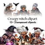 Creepy Witch Clipart Bundle: Gothic Halloween PNG Graphics