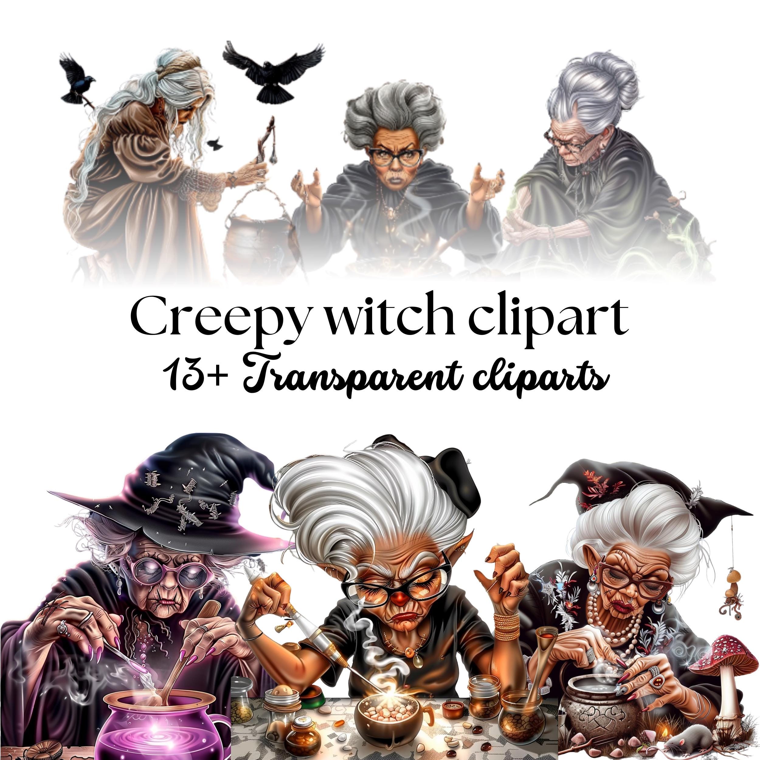Creepy Witch Clipart Bundle: Gothic Halloween PNG Graphics