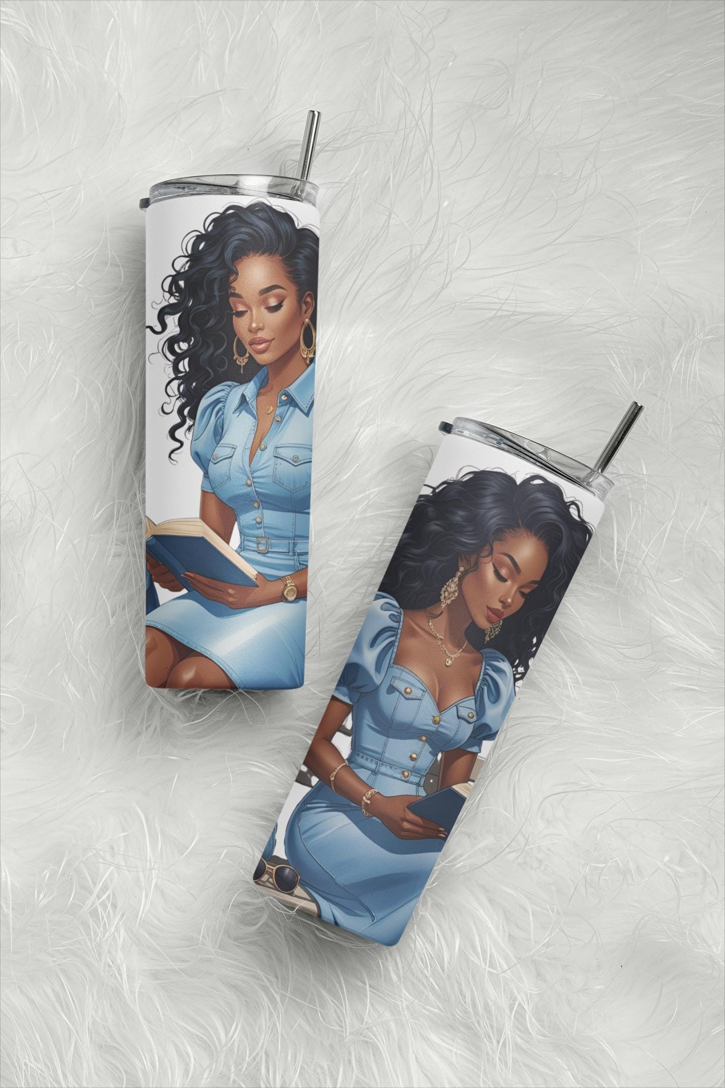Melanin Clipart Bundle: Black Woman Reading in Denim