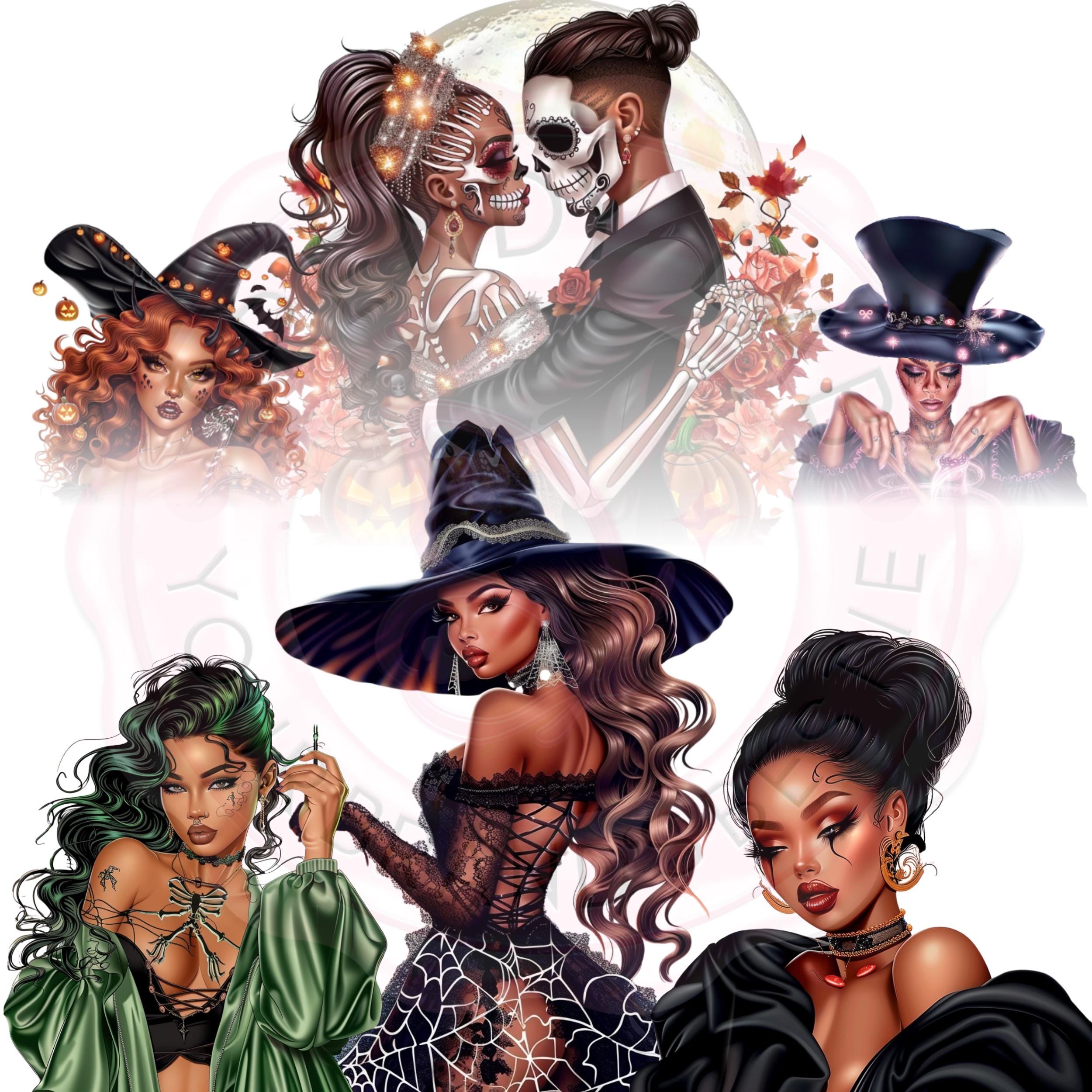 Witchy Black Girl Halloween Clipart: Glam PNG Bundle
