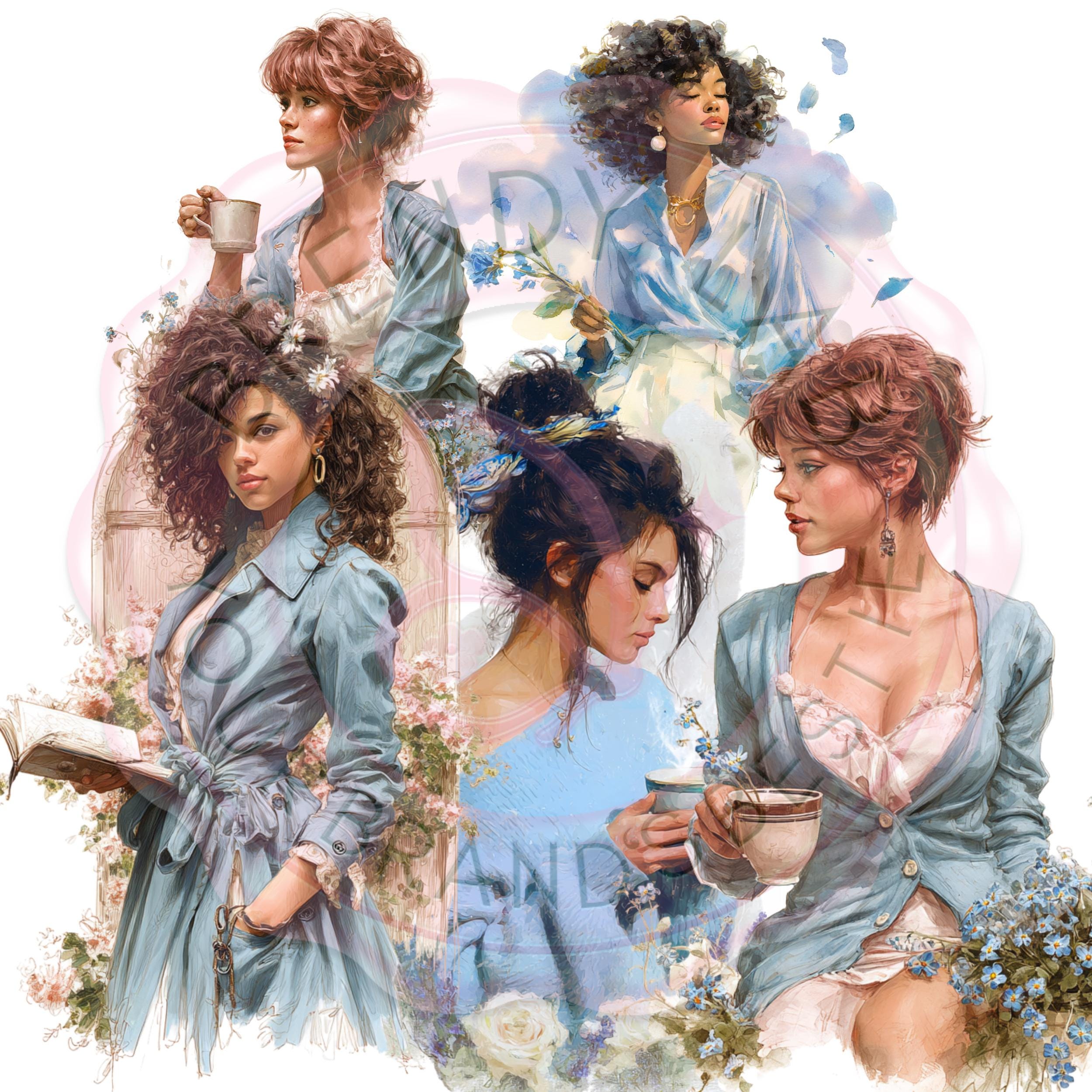 Blue Watercolor Clipart Bundle: Cottagecore, French Vintage PNGs