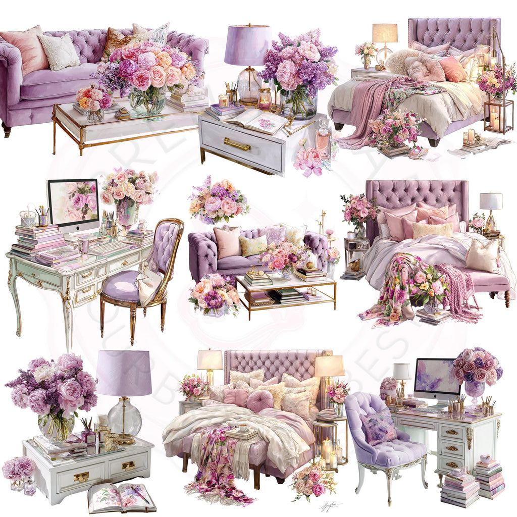 Lilac Watercolor Clipart Bundle: Cozy Lifestyle PNG Images