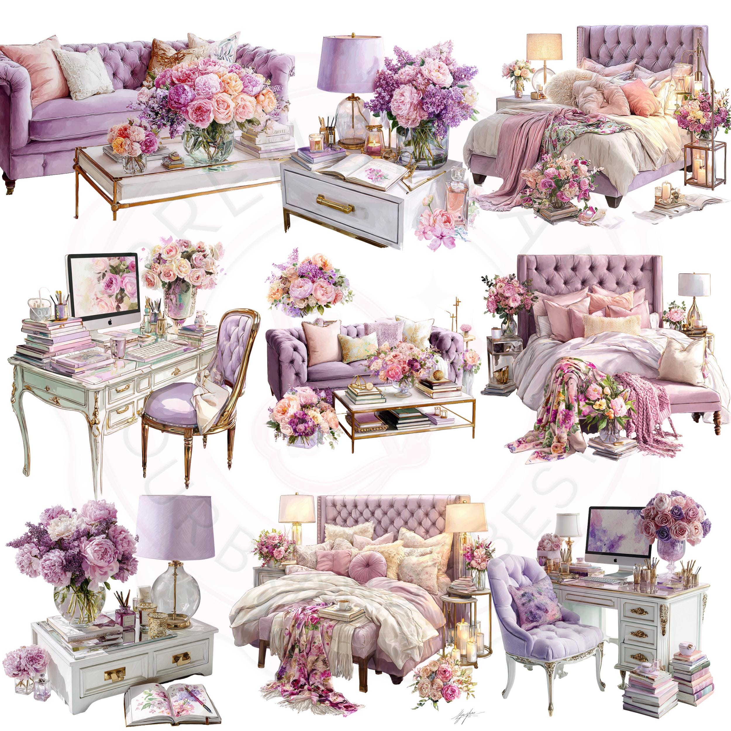 Lilac Watercolor Clipart Bundle: Cozy Lifestyle PNG Images