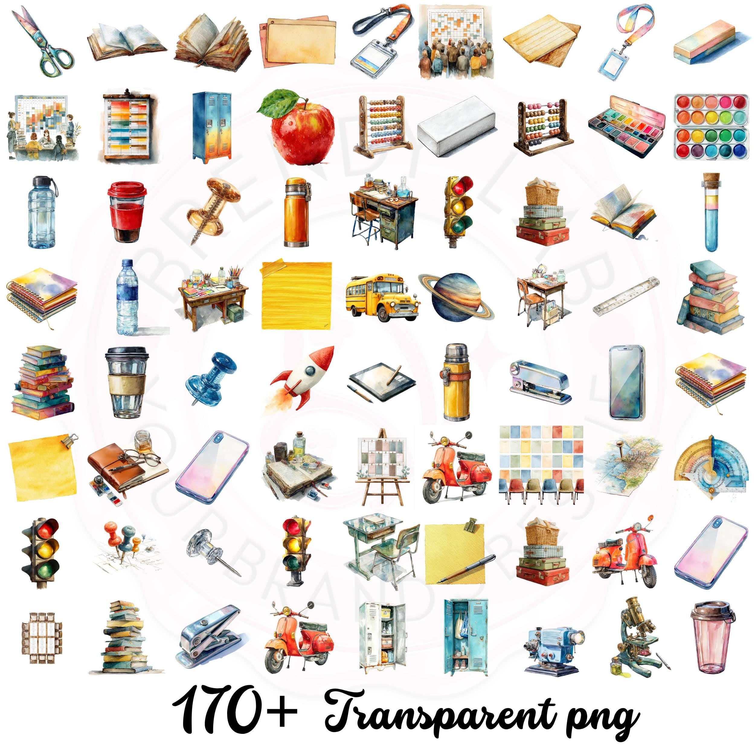 Watercolor School Clipart Bundle: 170+ PNG Graphics