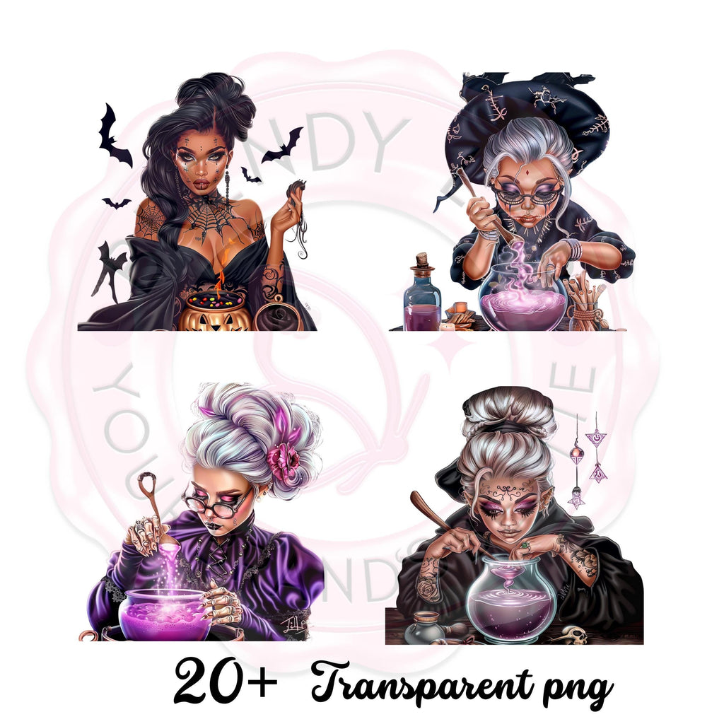 Witch Clipart Bundle: Black Witches Casting Spells - PNGs