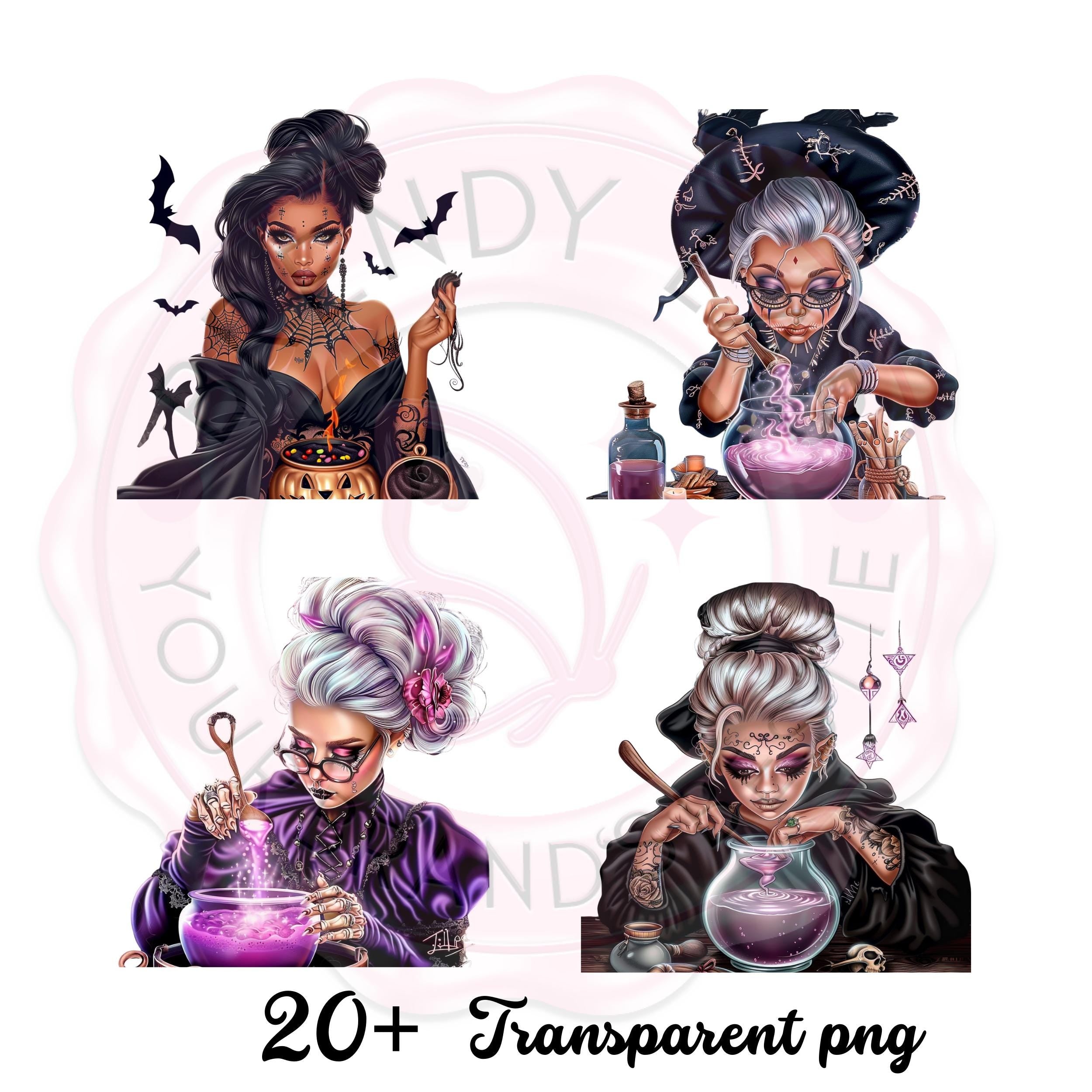 Witch Clipart Bundle: Black Witches Casting Spells - PNGs