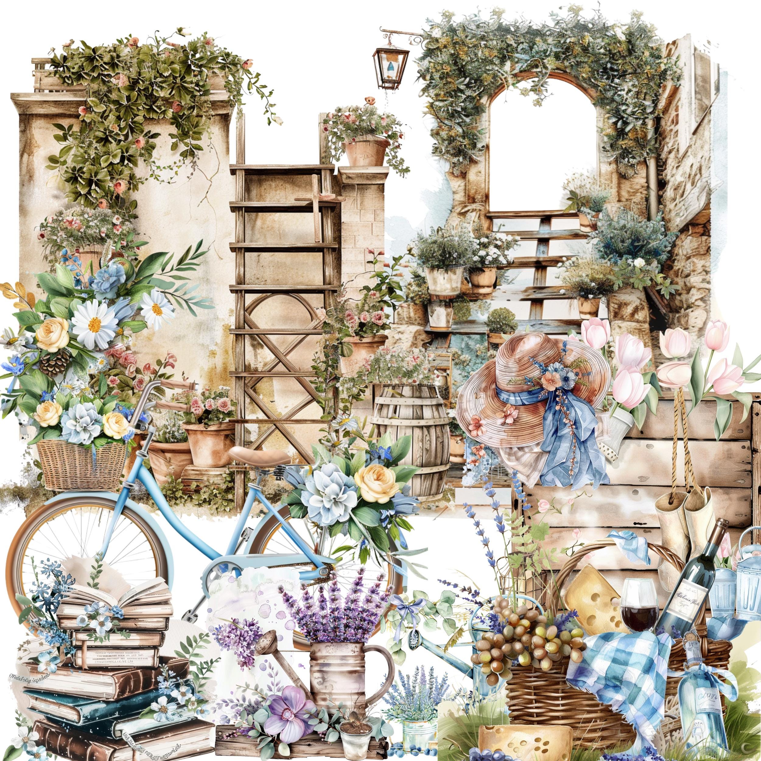 Cottagecore Watercolor Clipart Bundle: Teacups, Florals, Farmhouse Truck