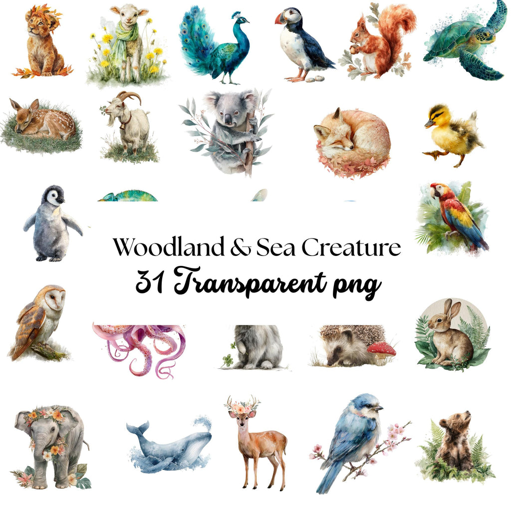Watercolor Woodland & Sea Animal Clipart: 31 PNG Nursery Art Bundle