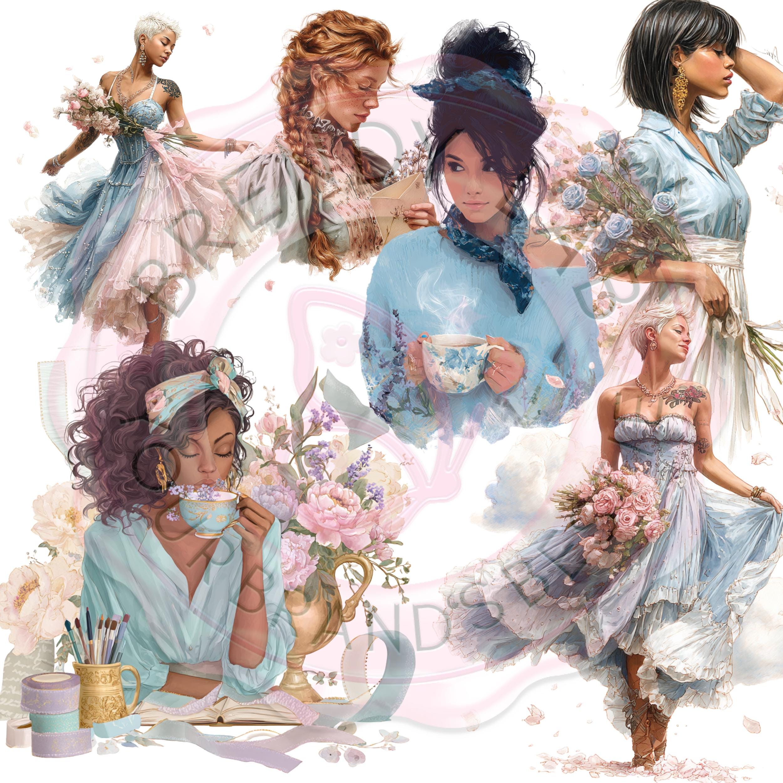 Blue Watercolor Clipart Bundle: Cottagecore, French Vintage PNGs