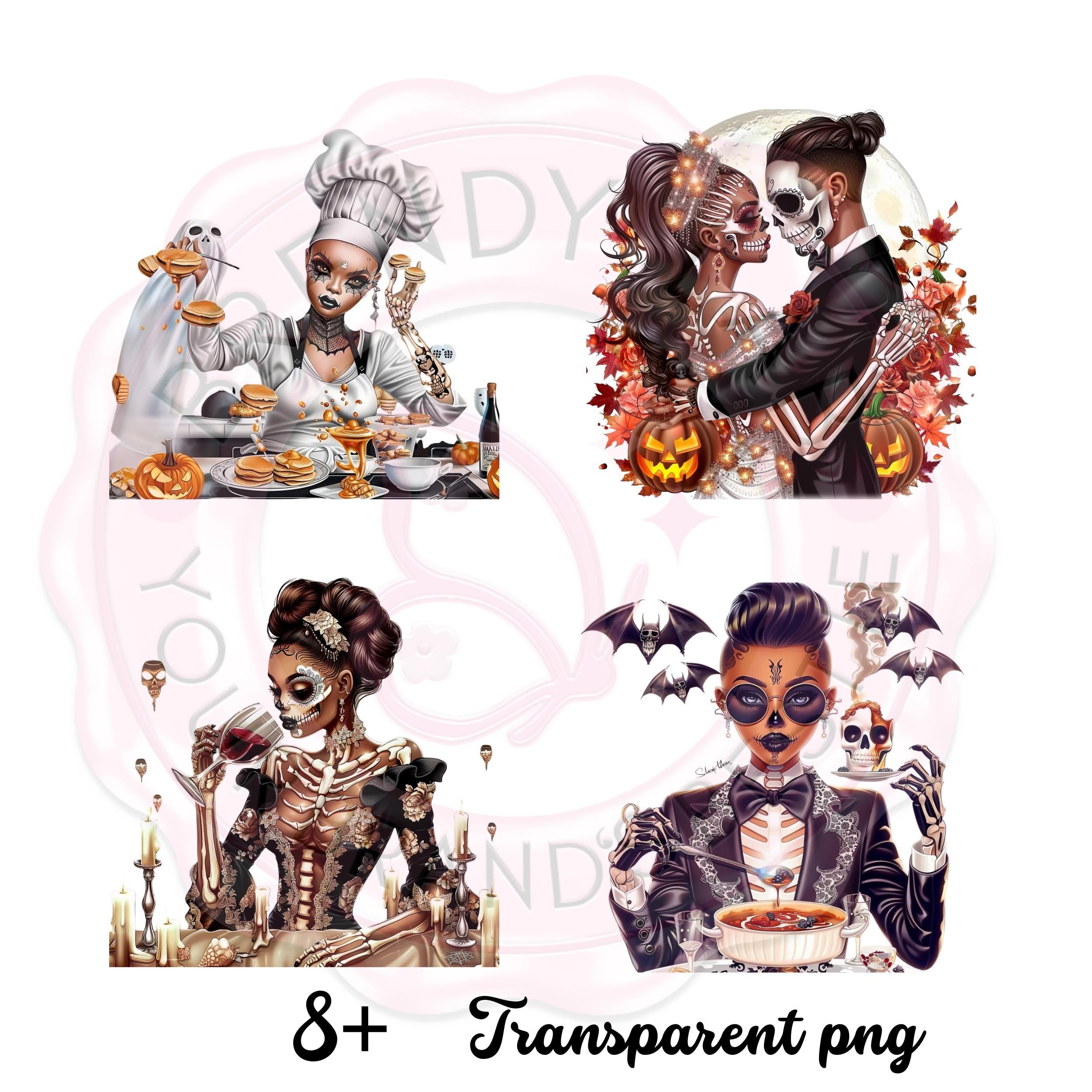 Halloween Skeleton Clipart: Spooky Chefs & Gothic Couples
