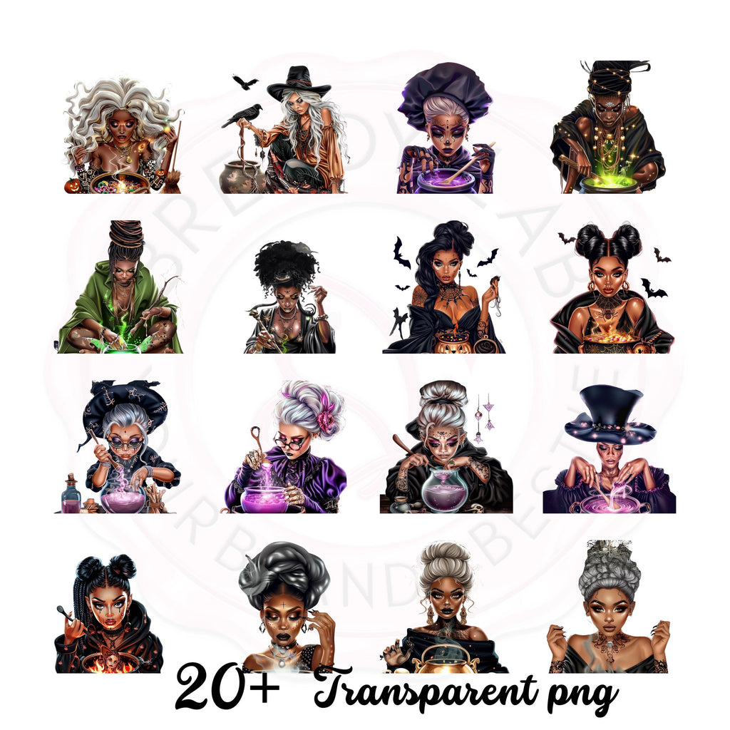 Witch Clipart Bundle: Black Witches Casting Spells - PNGs