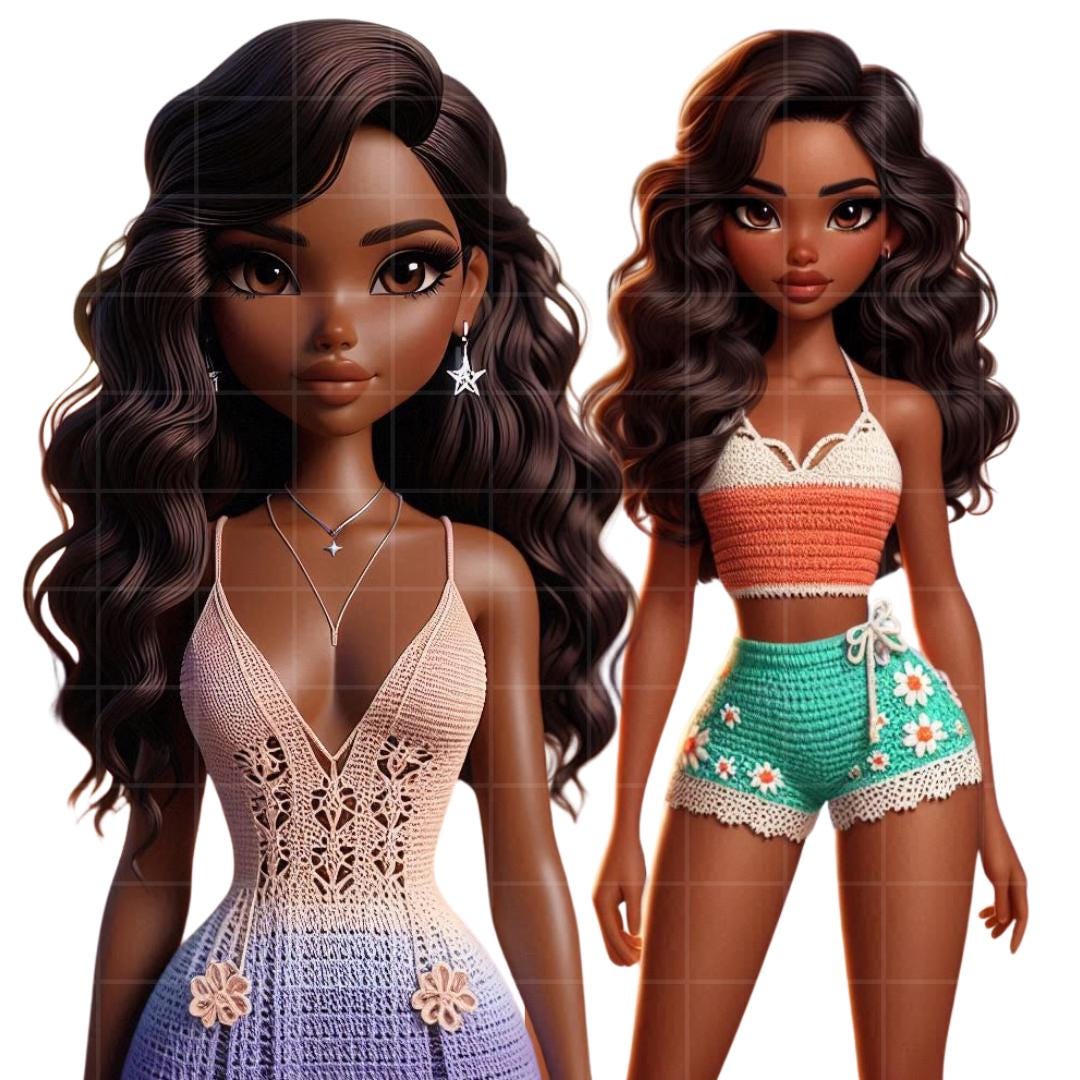 Crochet Fashion Girl Clipart Bundle: 3D Cartoon PNGs, Tropical Beach