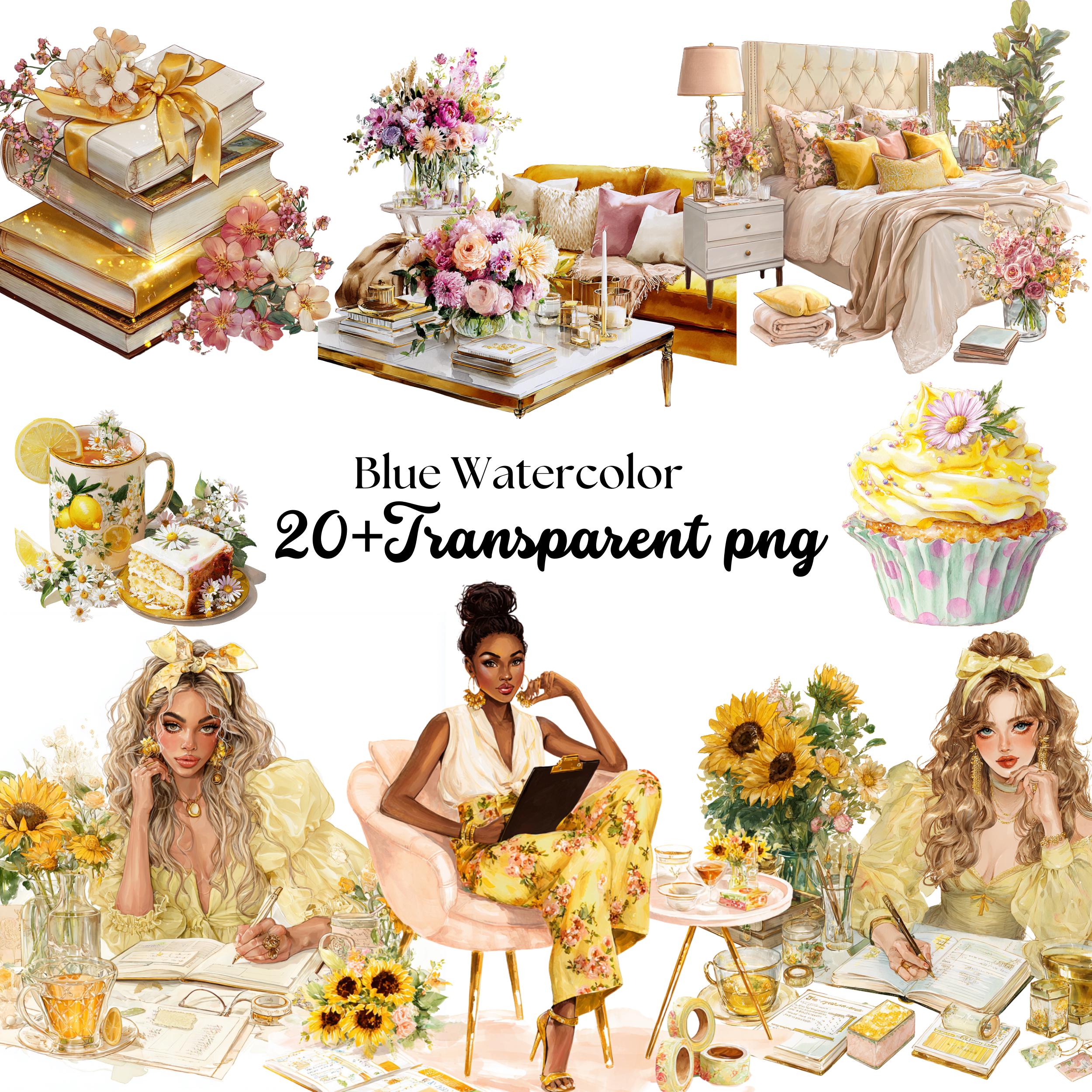 Yellow Watercolor Clipart Bundle: Sunflowers, Tea, Cozy Desk