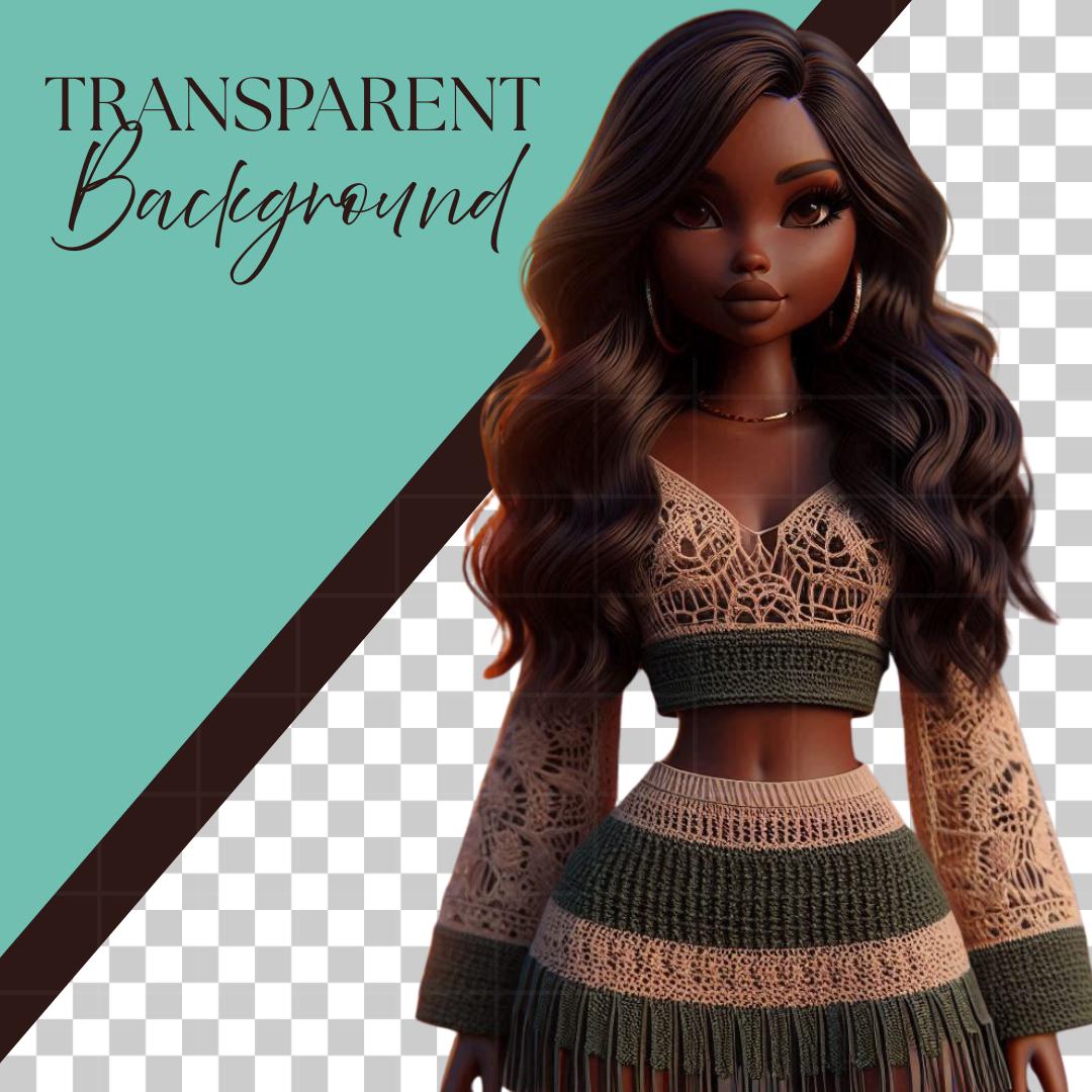 Crochet Fashion Girl Clipart Bundle: 3D Cartoon PNGs, Tropical Beach