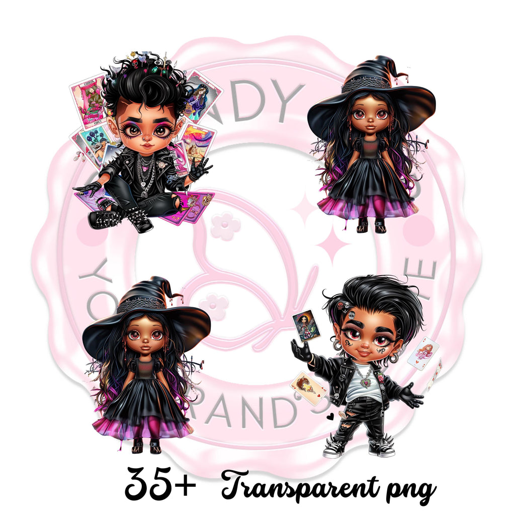 Chibi Halloween Clipart Bundle , 25 + Cute Witch & Gothic Characters for Sublimation, Crafts, Stickers, Cards, Scrapbooking , journaling