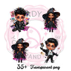 Chibi Halloween Clipart Bundle , 25 + Cute Witch & Gothic Characters for Sublimation, Crafts, Stickers, Cards, Scrapbooking , journaling