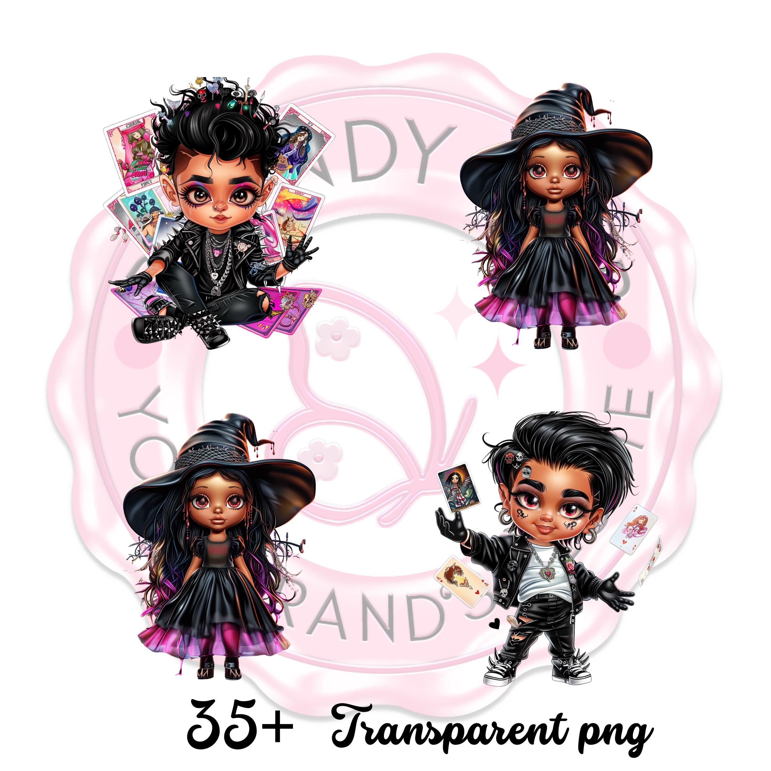 Chibi Halloween Clipart Bundle , 25 + Cute Witch & Gothic Characters for Sublimation, Crafts, Stickers, Cards, Scrapbooking , journaling