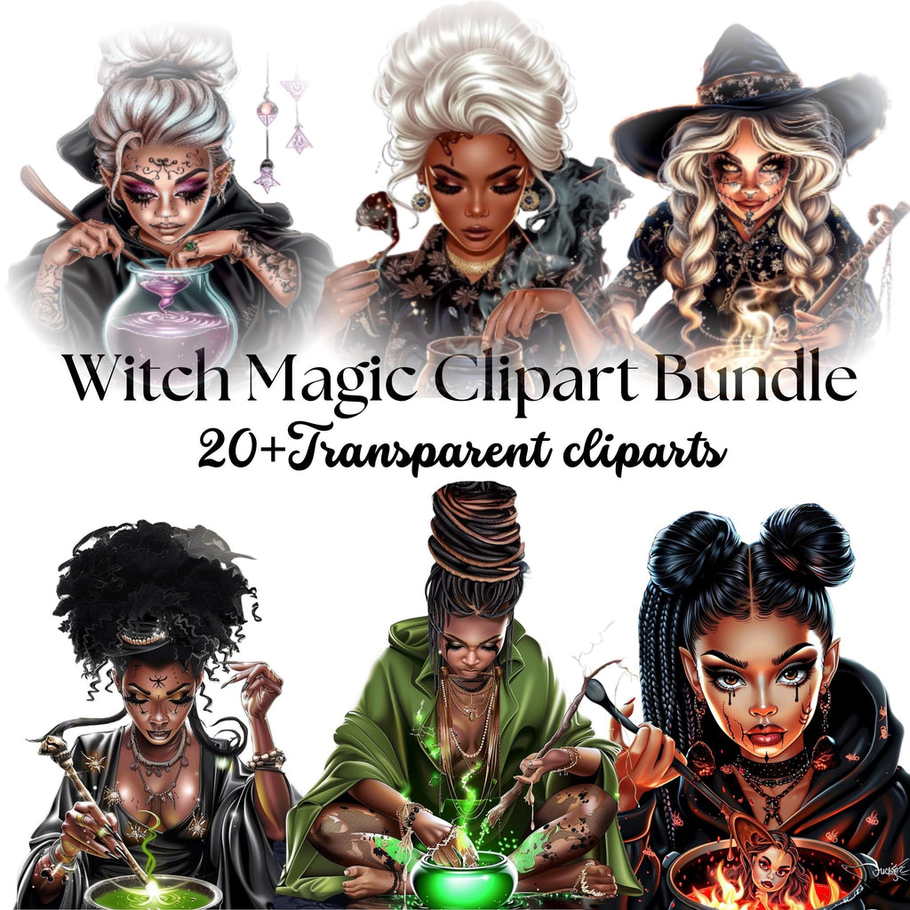 Witch Clipart Bundle: Black Witches Casting Spells - PNGs