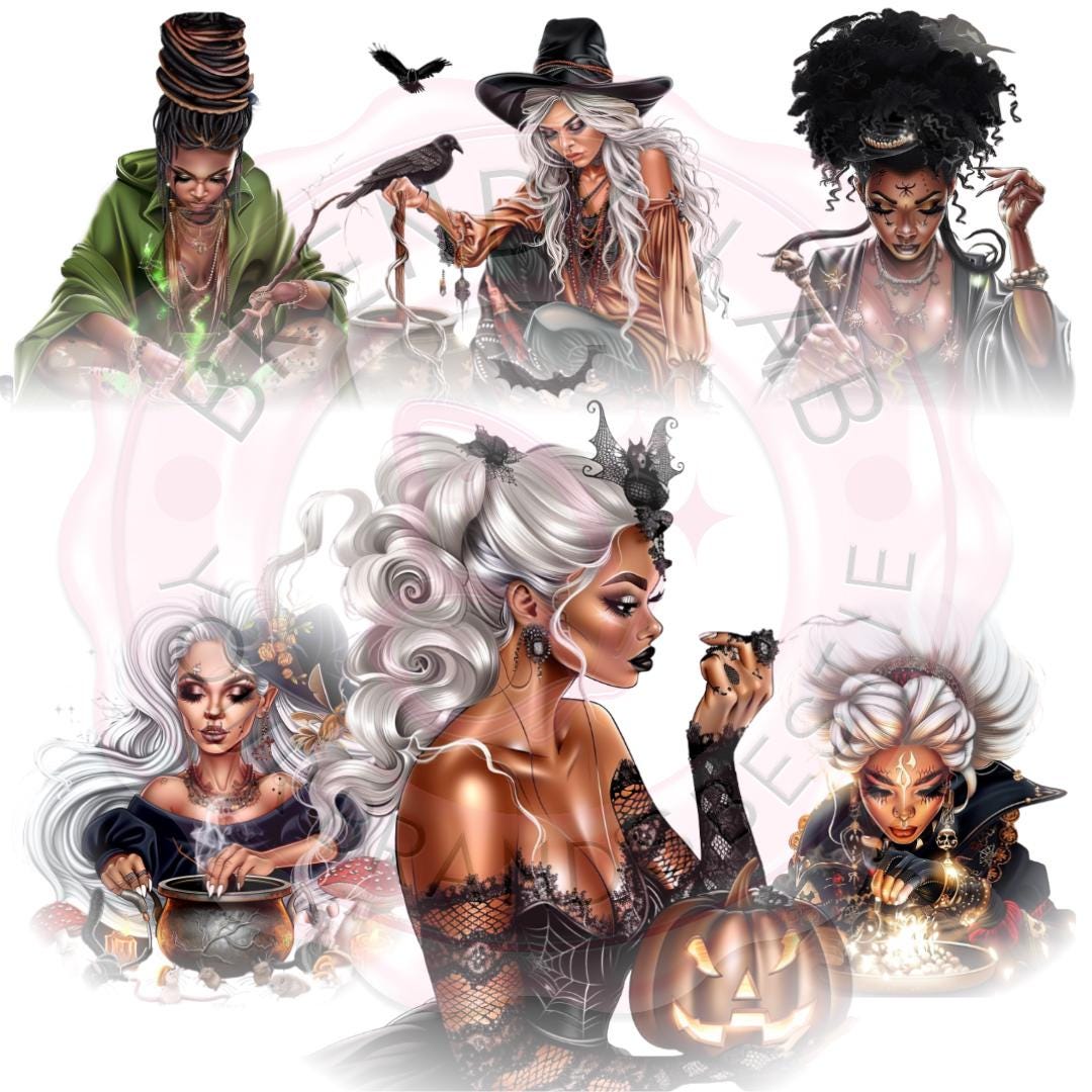 Witchy Black Girl Halloween Clipart: Glam PNG Bundle