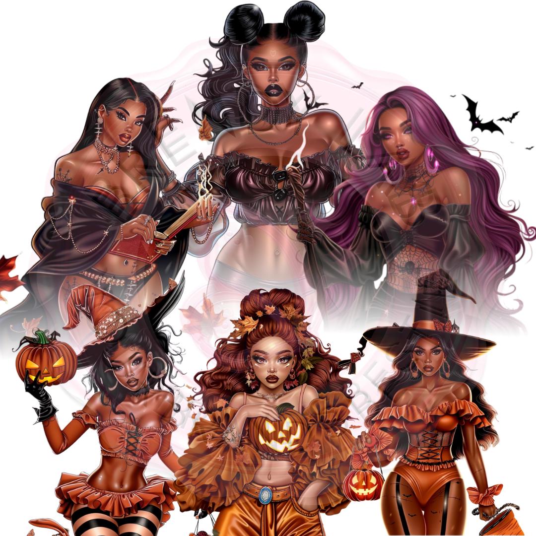 Witchy Black Girl Halloween Clipart: Glam PNG Bundle