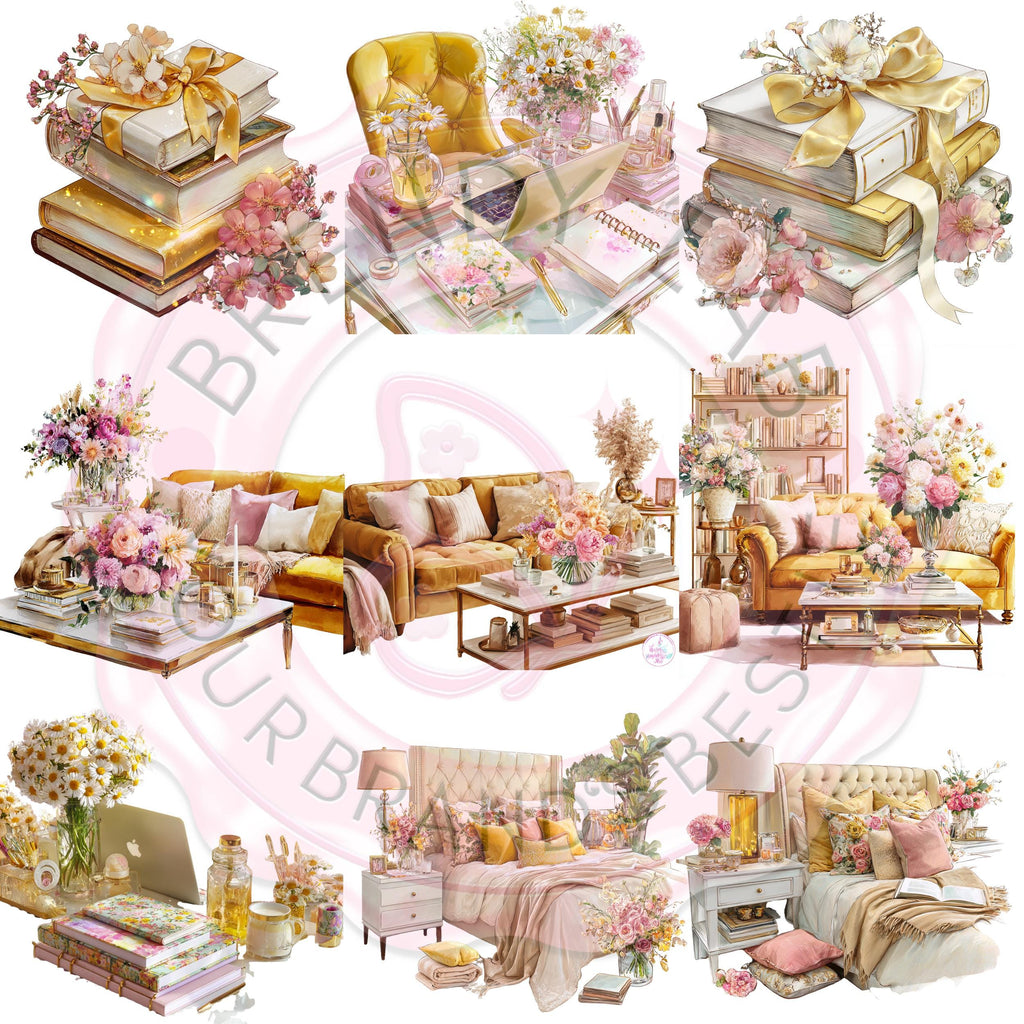 Yellow Watercolor Clipart Bundle: Sunflowers, Tea, Cozy Desk