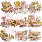 Yellow Watercolor Clipart Bundle: Sunflowers, Tea, Cozy Desk