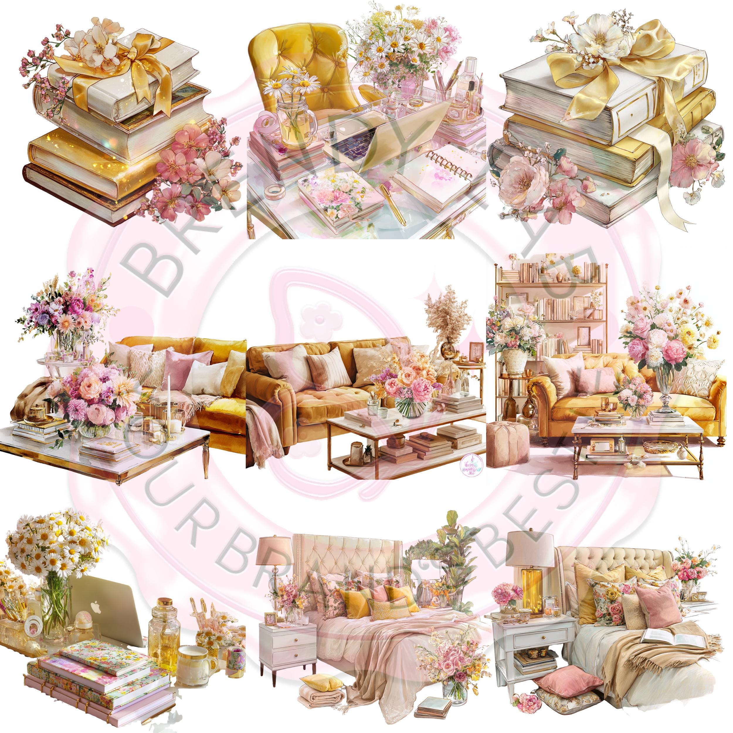 Yellow Watercolor Clipart Bundle: Sunflowers, Tea, Cozy Desk