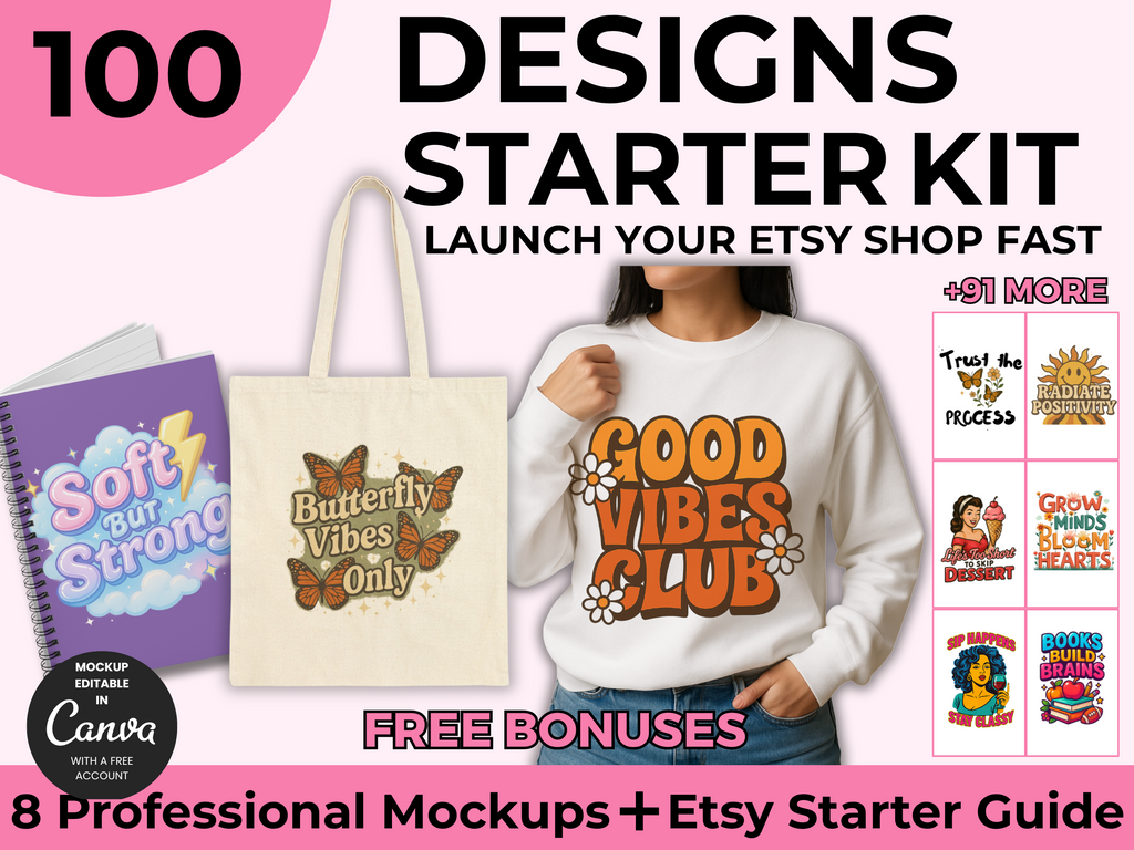 Etsy Shop Starter Kit – 100 Ready-to-Use Designs + Free Etsy Success Guide + Mockups