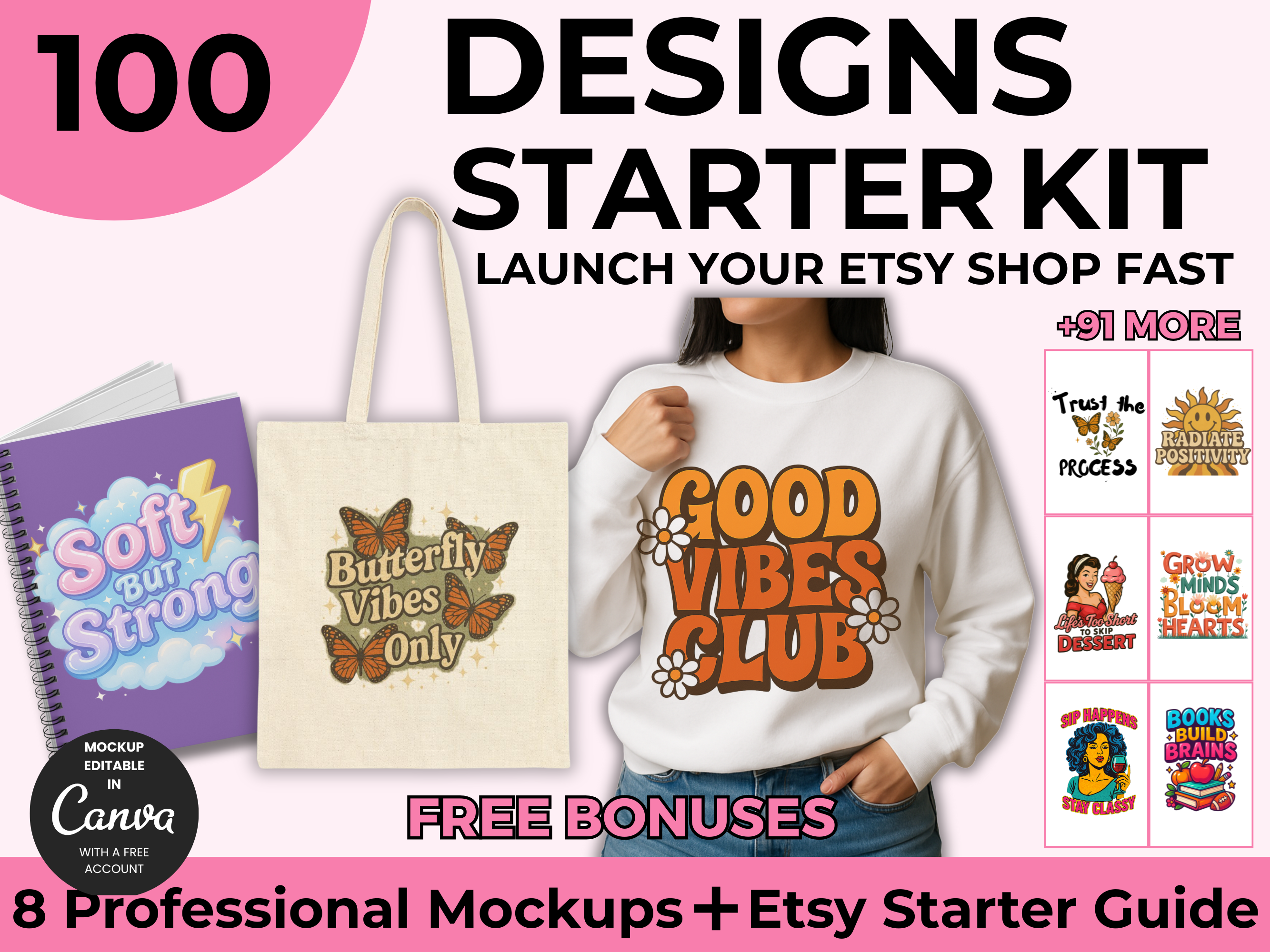Etsy Shop Starter Kit – 100 Ready-to-Use Designs + Free Etsy Success Guide + Mockups