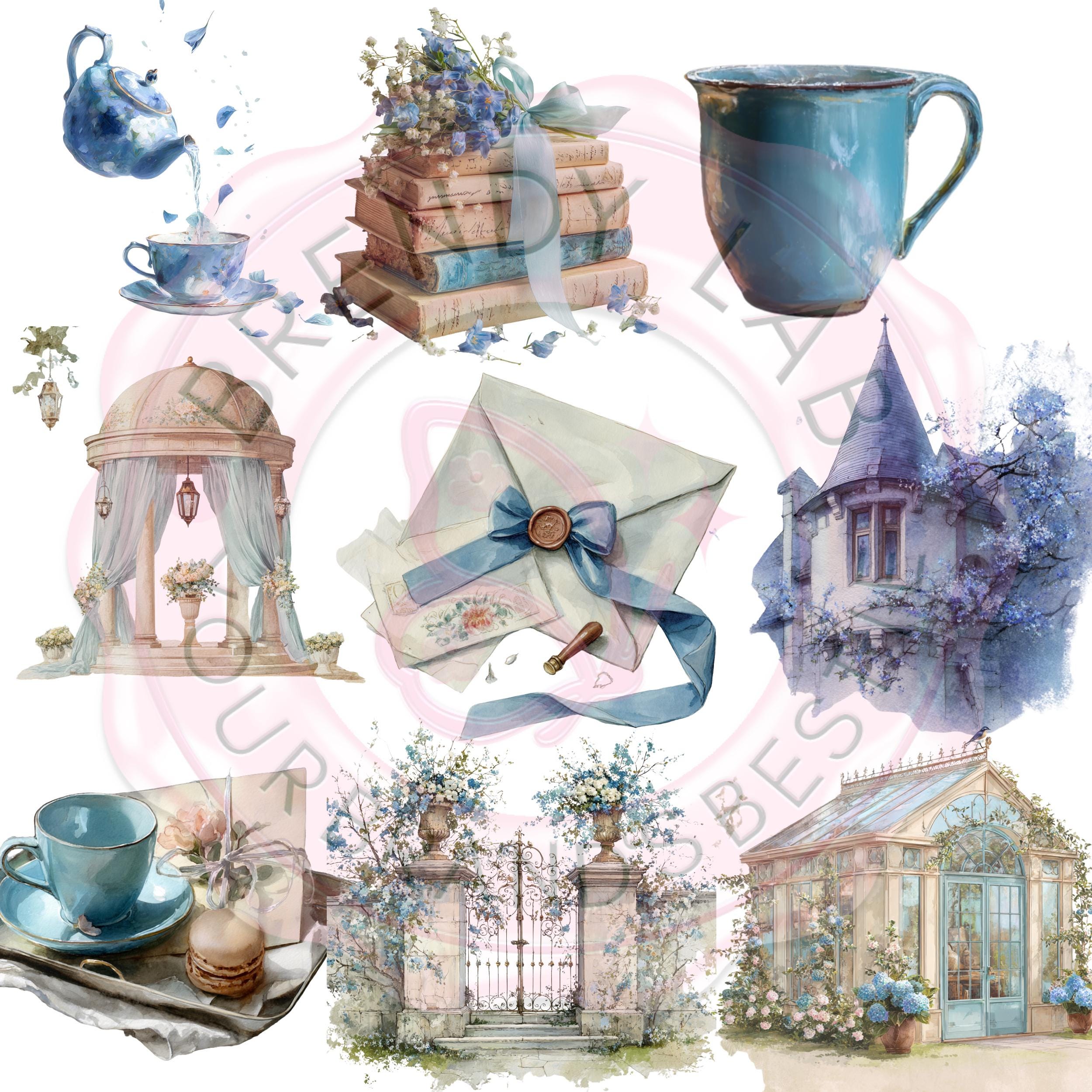 Blue Watercolor Clipart Bundle: Cottagecore, French Vintage PNGs