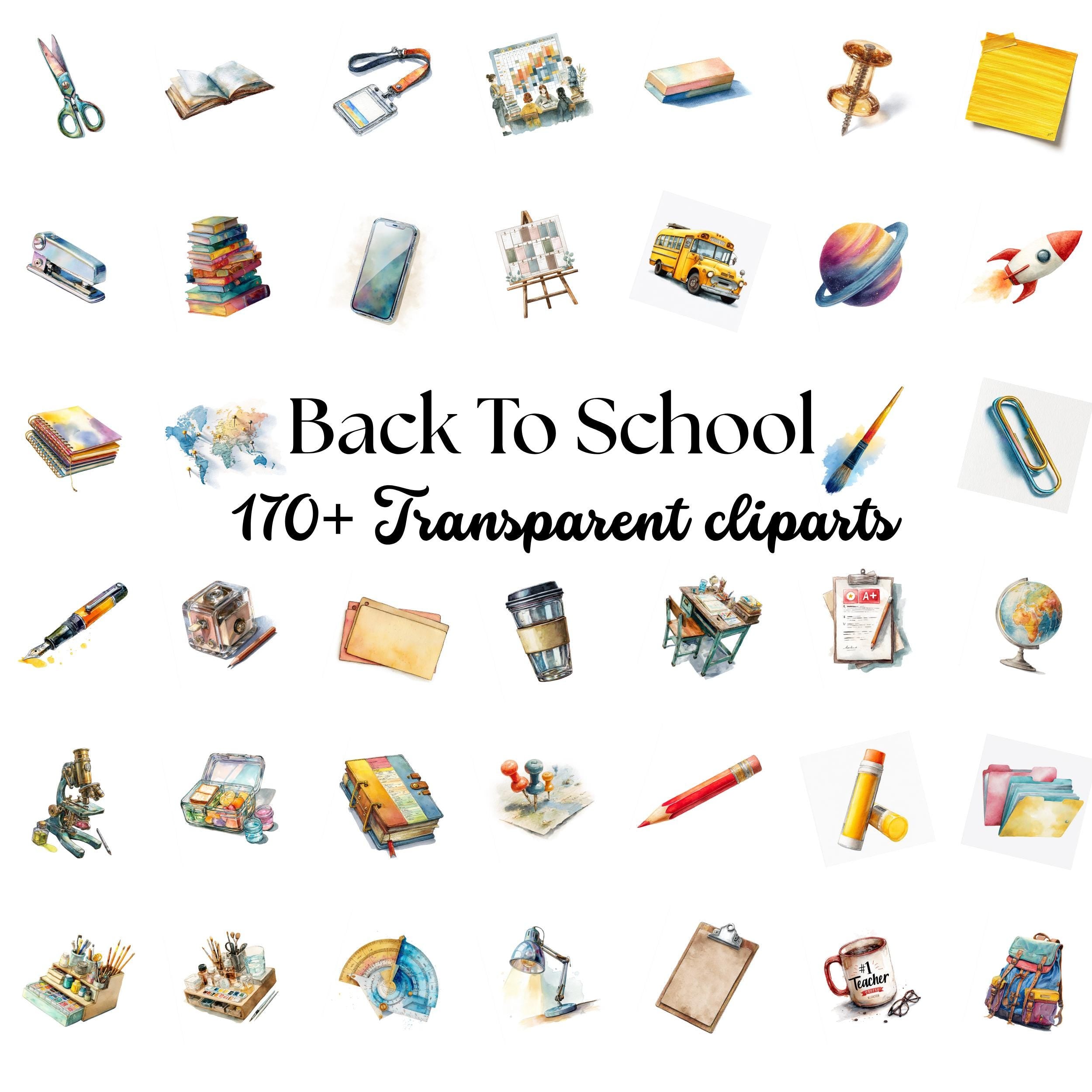 Watercolor School Clipart Bundle: 170+ PNG Graphics