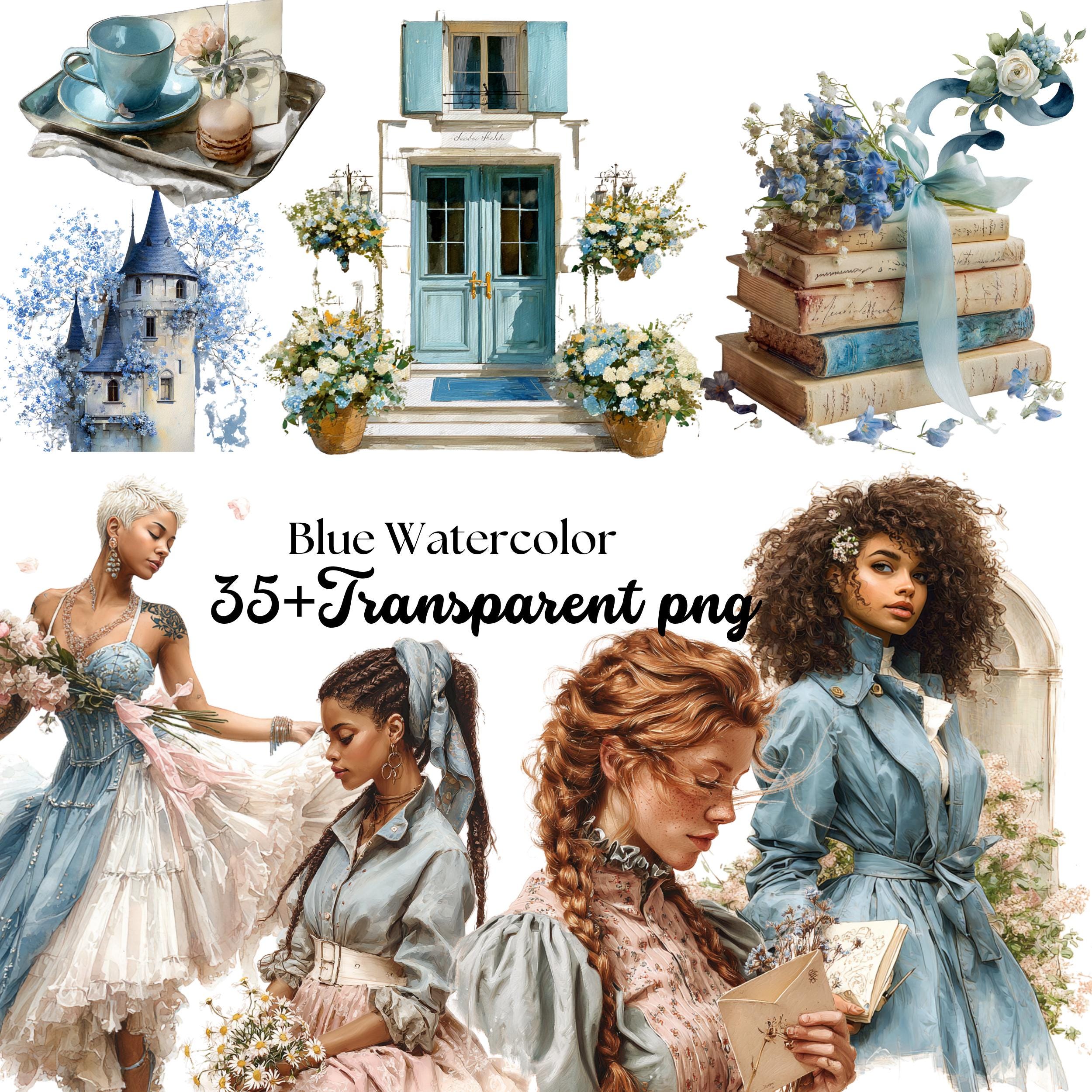 Blue Watercolor Clipart Bundle: Cottagecore, French Vintage PNGs